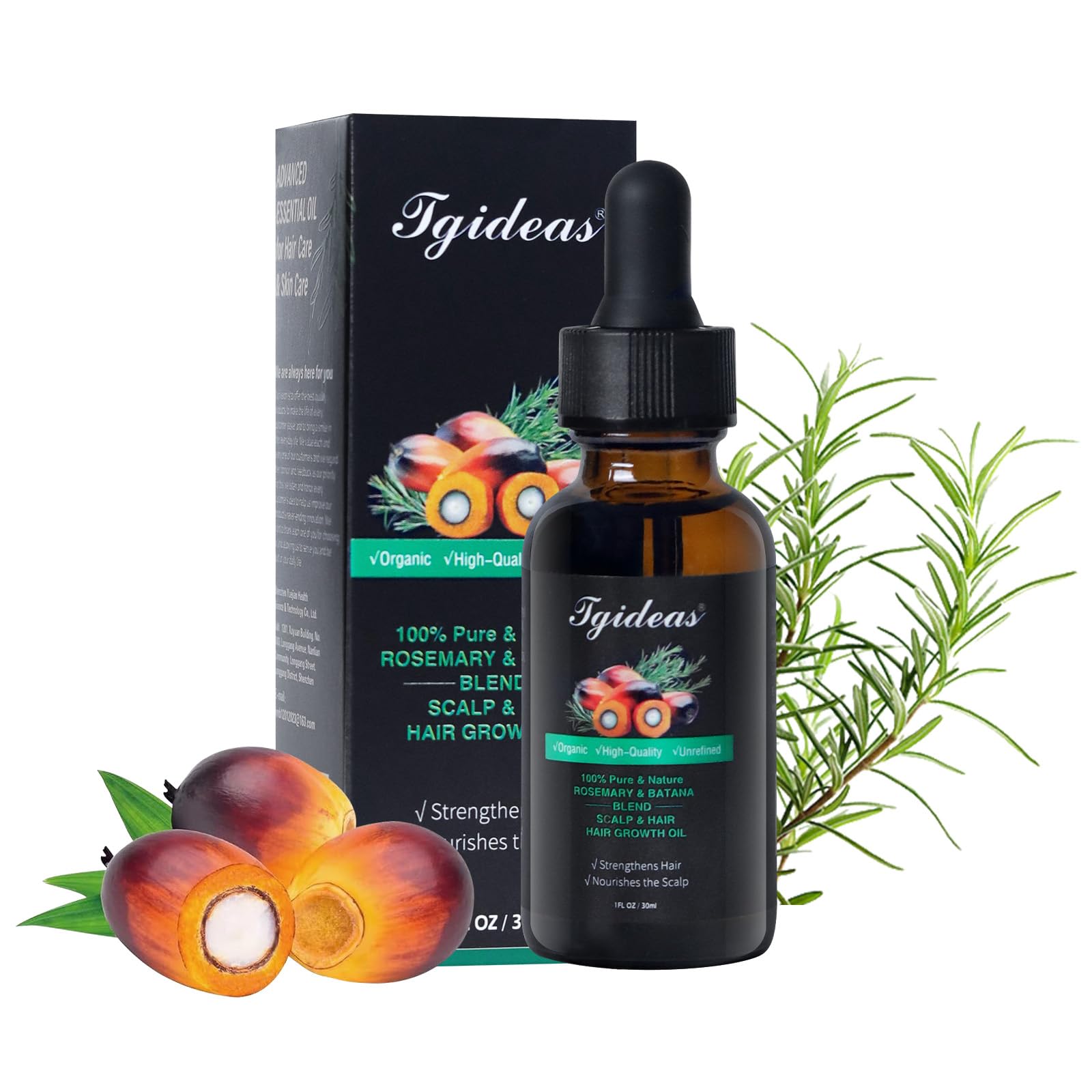 Tgideas Organic Hair Growth - Rosemary & Batana Oil for Scalp & Hair Strengthening - All Hair Types Treatment Oil - Eyebrow & Ey