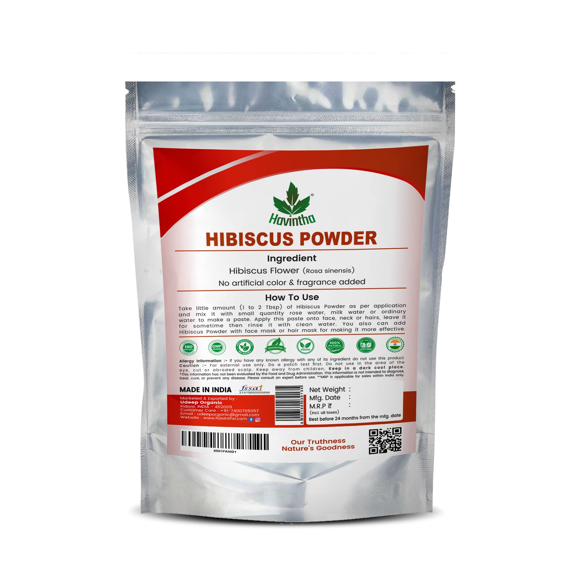 Havintha Hibiscus Flower Powder for Hair Growth | Cleanses Hair | 100% Natural - 227Grams