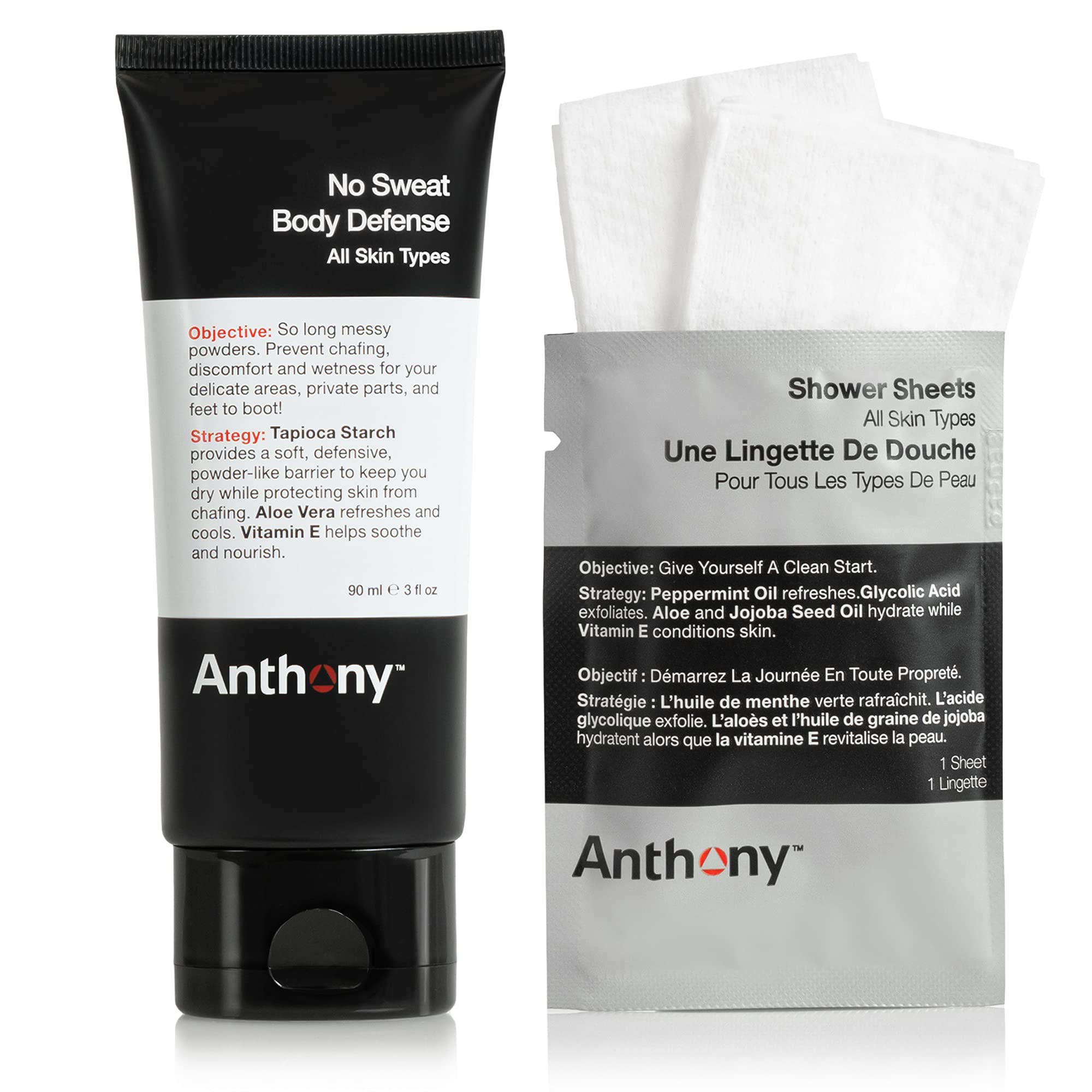 Anthony No Sweat Body Defenseand Shower Sheet Bundle - Anti-Chafing, Anti-Itch Cream-To-Powder - 3 Fl. Oz And 1 Shower Sheet, Pr