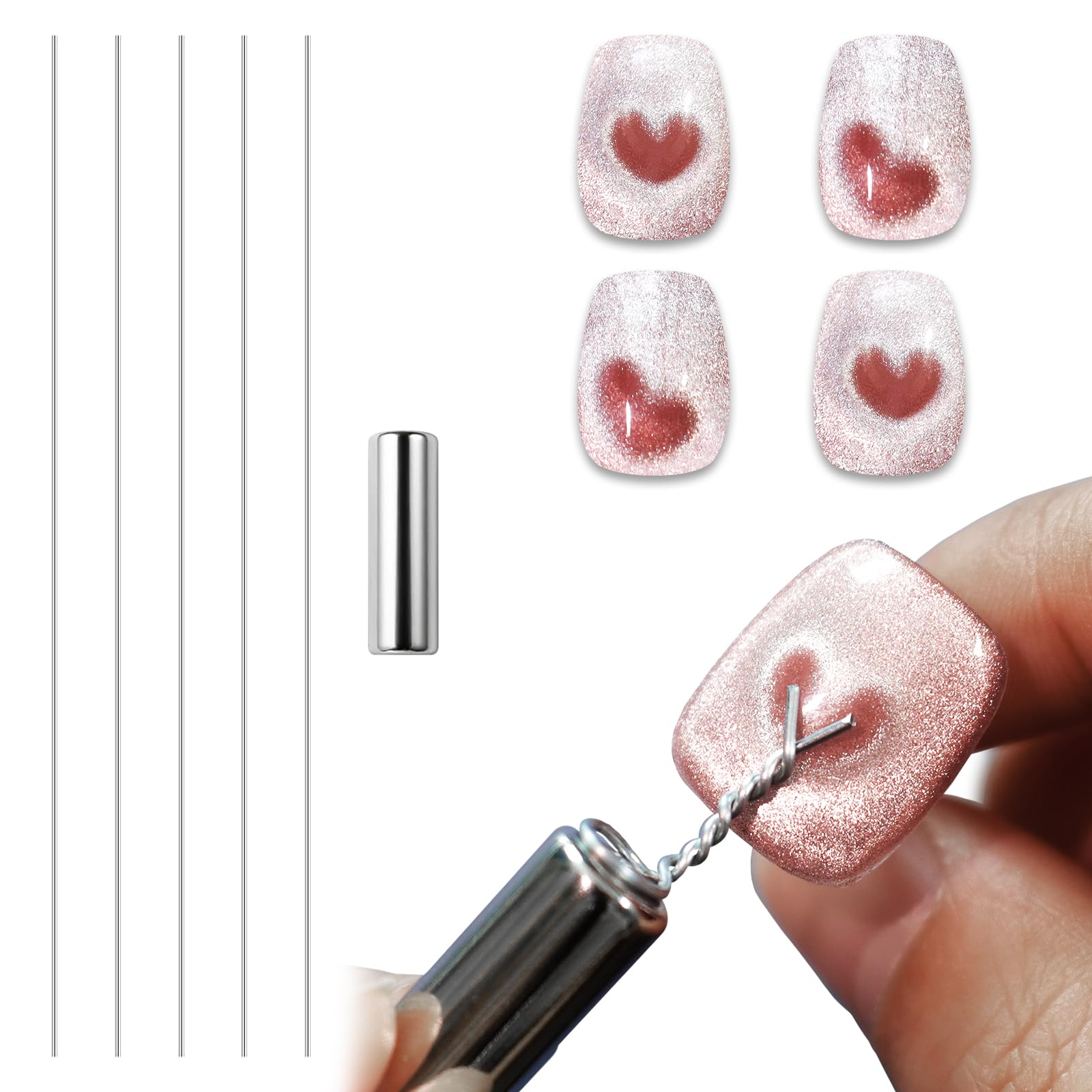 Allstarry Heart Magnet for Nails, Cat Eye Magnet For Nails 5 Wires with Cylindrical Magnet for Cat Eye Gel Polish Set Flexible D