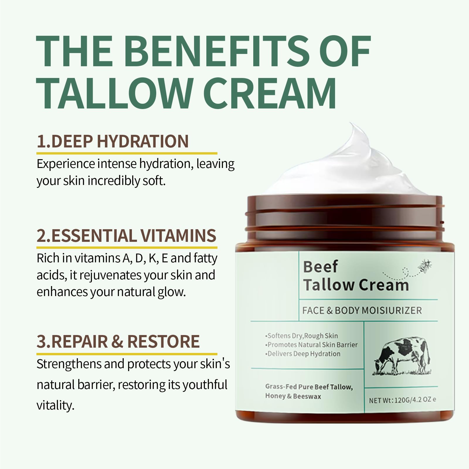 ZTSGU 2 Pcs Organic Grass-Fed Beef Tallow and Honey Balm, Face and Body Soothes Dryness Natural Moisturizer Cream Unscented. 8.4