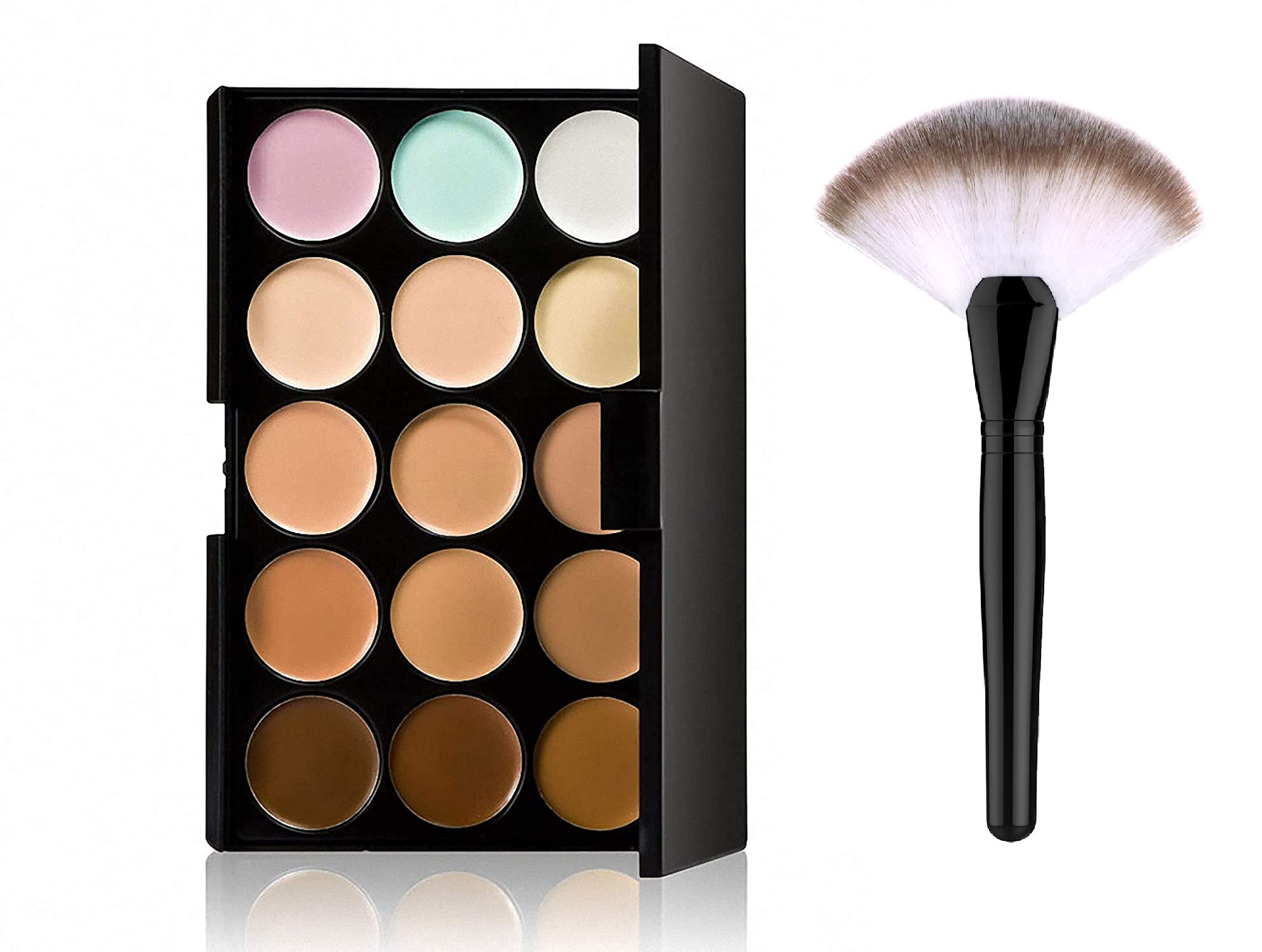 Khelni 15 Shades Highlighter Contour Cream Concealer Palette + Fan Brush
