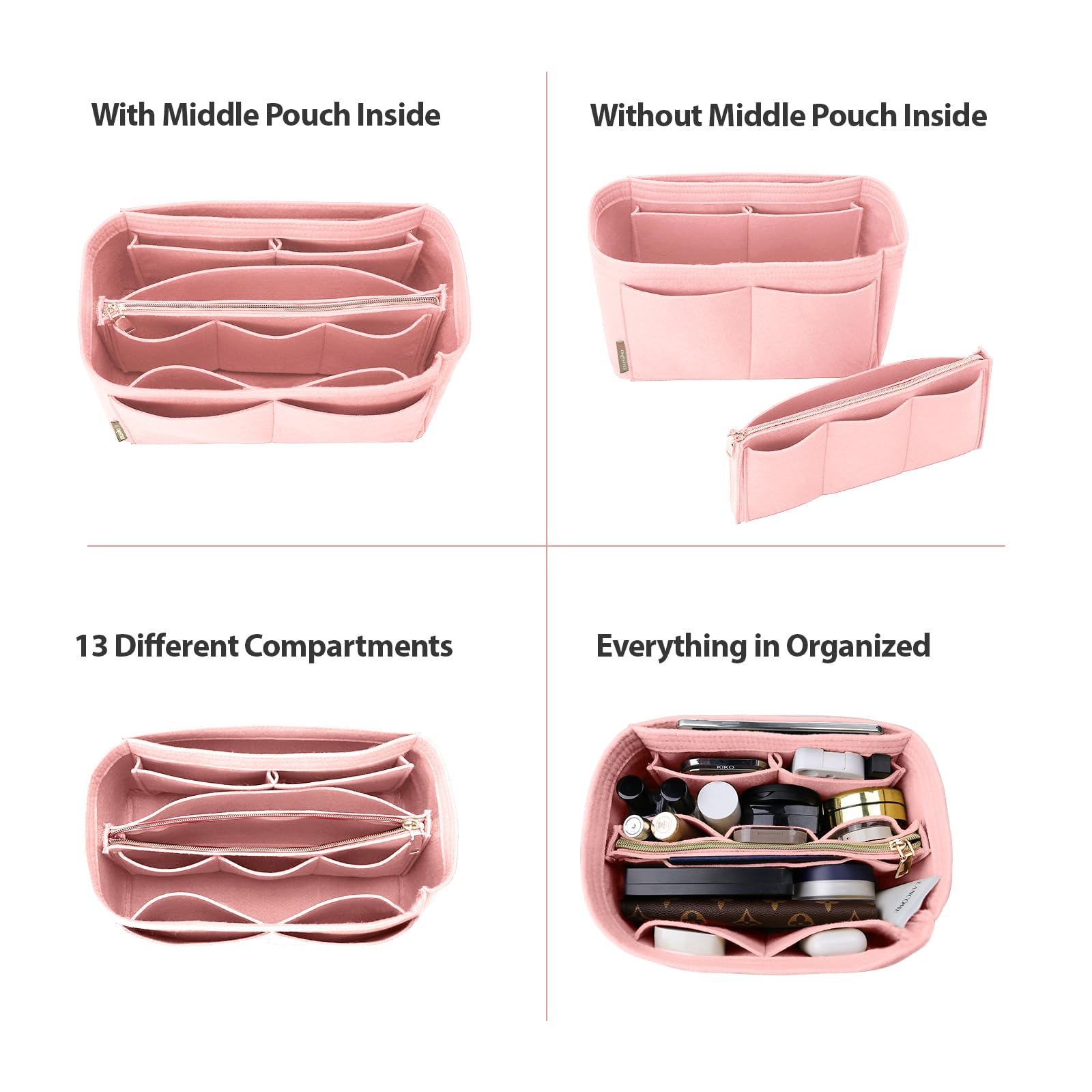OMYSTYLE Pink Large Purse Organizer Insert for Handbags, Felt Bag Organizer for Tote & Purse, Tote Bag Organizer Insert with 5 S