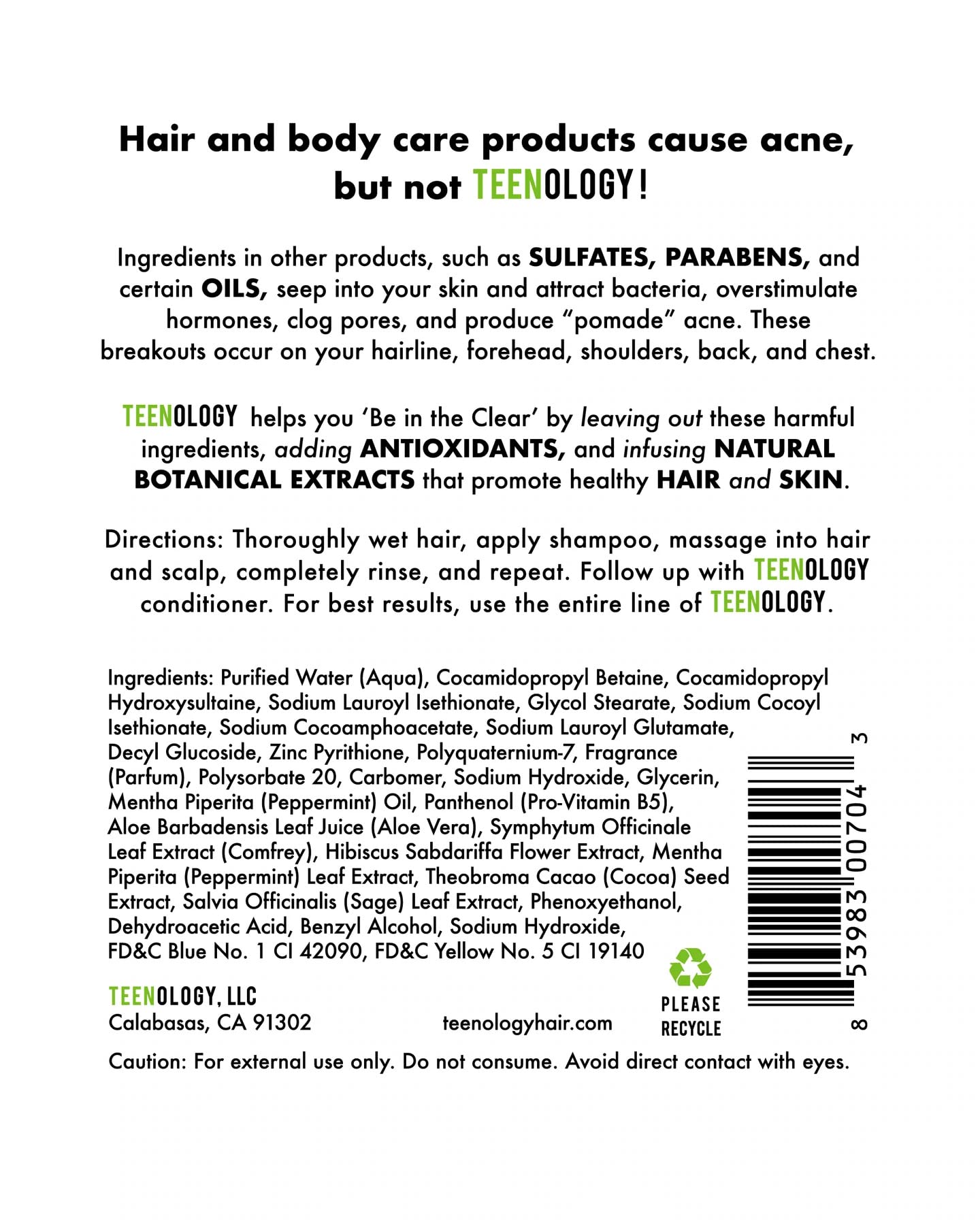 Teenology Shampoo for Teens - Avoid Forehead and Body Acne - No Sulfates or Parabens, Noncomedogenic, Natural Botanical Extracts