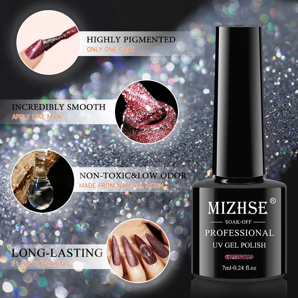 Mizhse Reflective Glitter Cat Eye Gel Nail Polish 7Ml, Sparkly Diamond Cateye Soak Off Gel Polish Magnetic Manicure Set For Nail