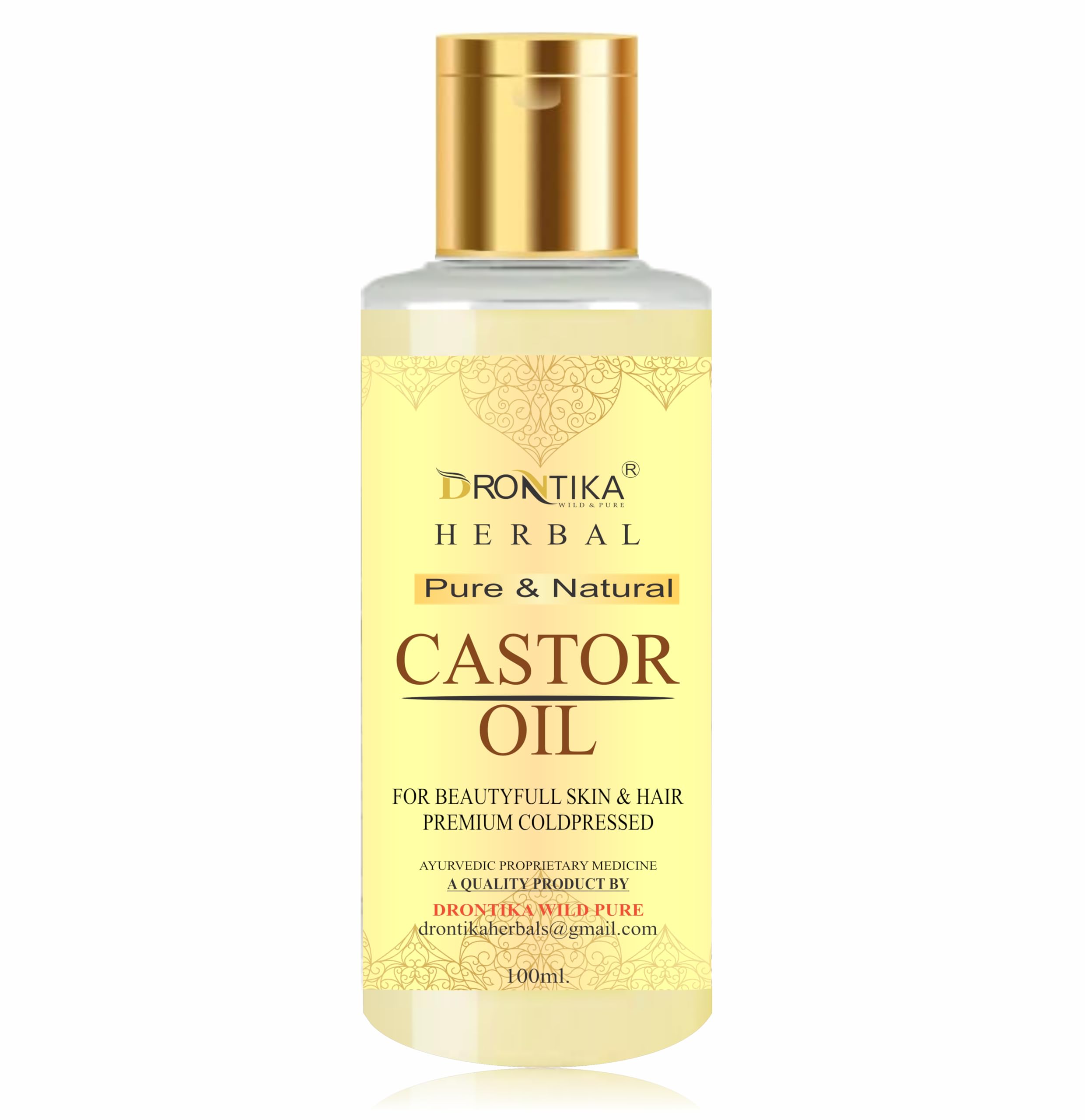 Drontika 100% Pure Castor Oil  Cold Pressed  For Stronger Hair, Skin & Nails  No Mineral Oil & Silicones, 100Ml