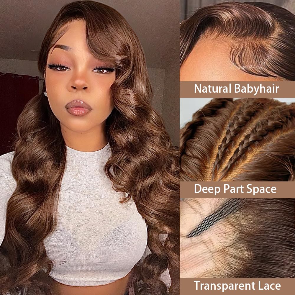 Avolo Chocolate Brown Lace Front Wig Human Hair 13X4 Body Wave Brown Lace Front Wigs Human Hair Pre Plucked 180 Density 4# Color