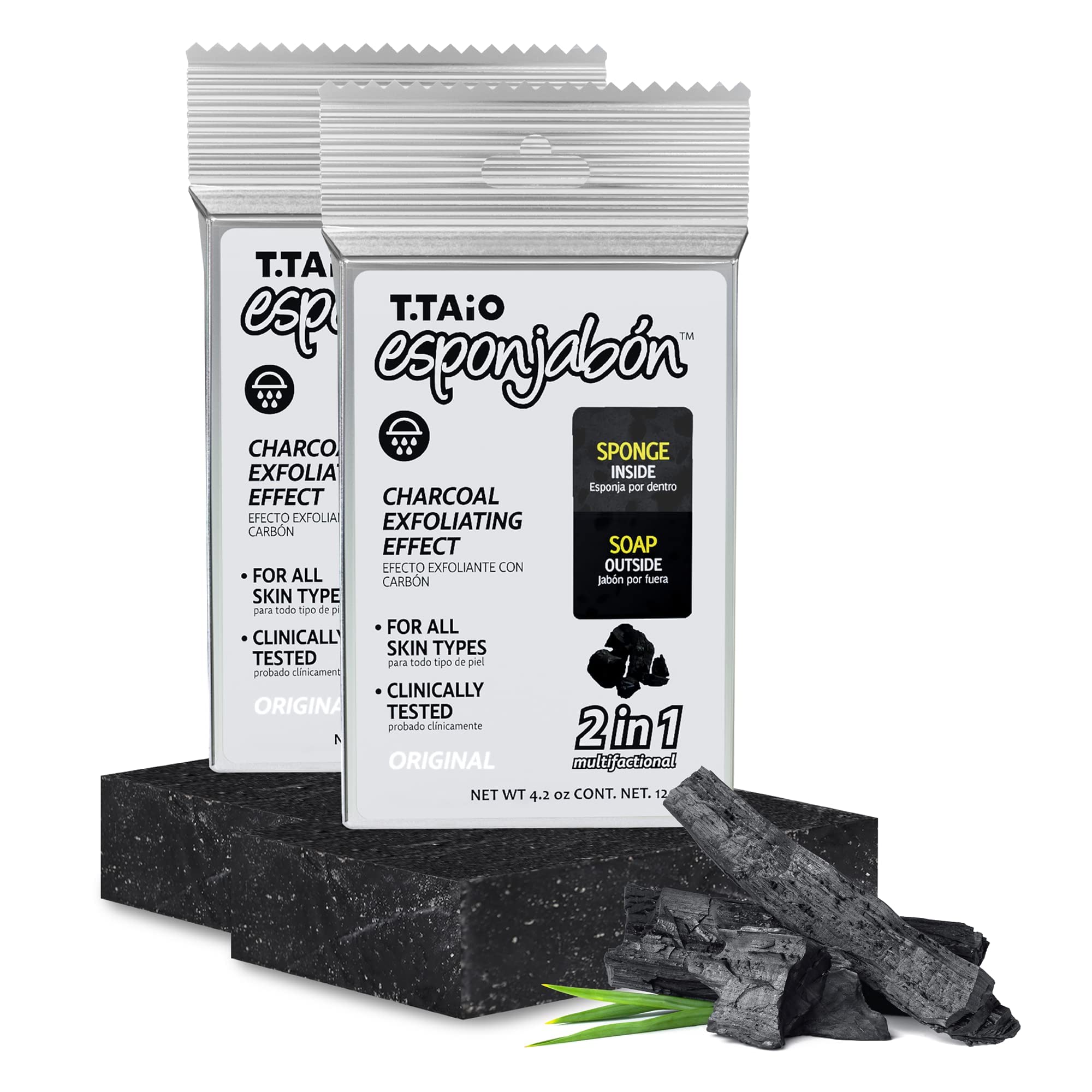 Ttaio Esponjabon Charcoal Soap Sponge - Cleansing Shower Scrubber - Cleaning Bath Wash Scrub - Oil Removal - Massage & Lather Fo