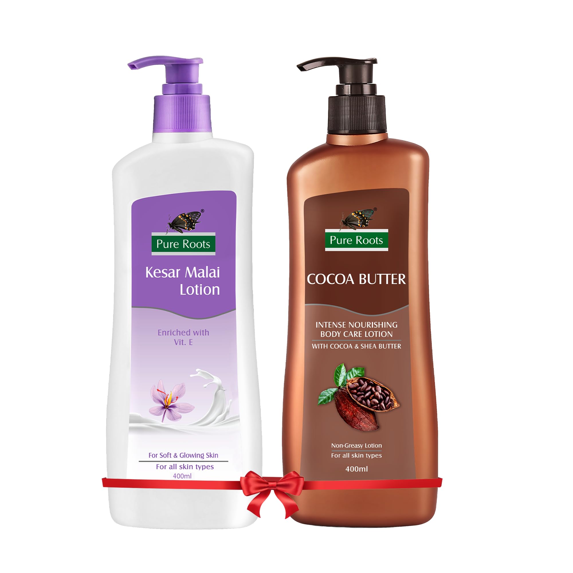 Pure Roots 400Ml Each Kesar Malai & Cocoa Butter Body Lotion Combo Pack (Pack Of 2) | Nourishing & Hydrating Moisturizer For Men
