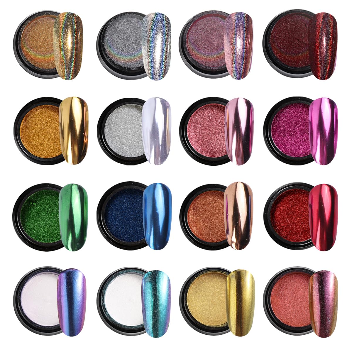 16 Colors Chrome Nail Powder Set, Metallic Mirror Effect Holographic Aurora Chameleon Pigment Glitter for Gel Polish Manicure Na
