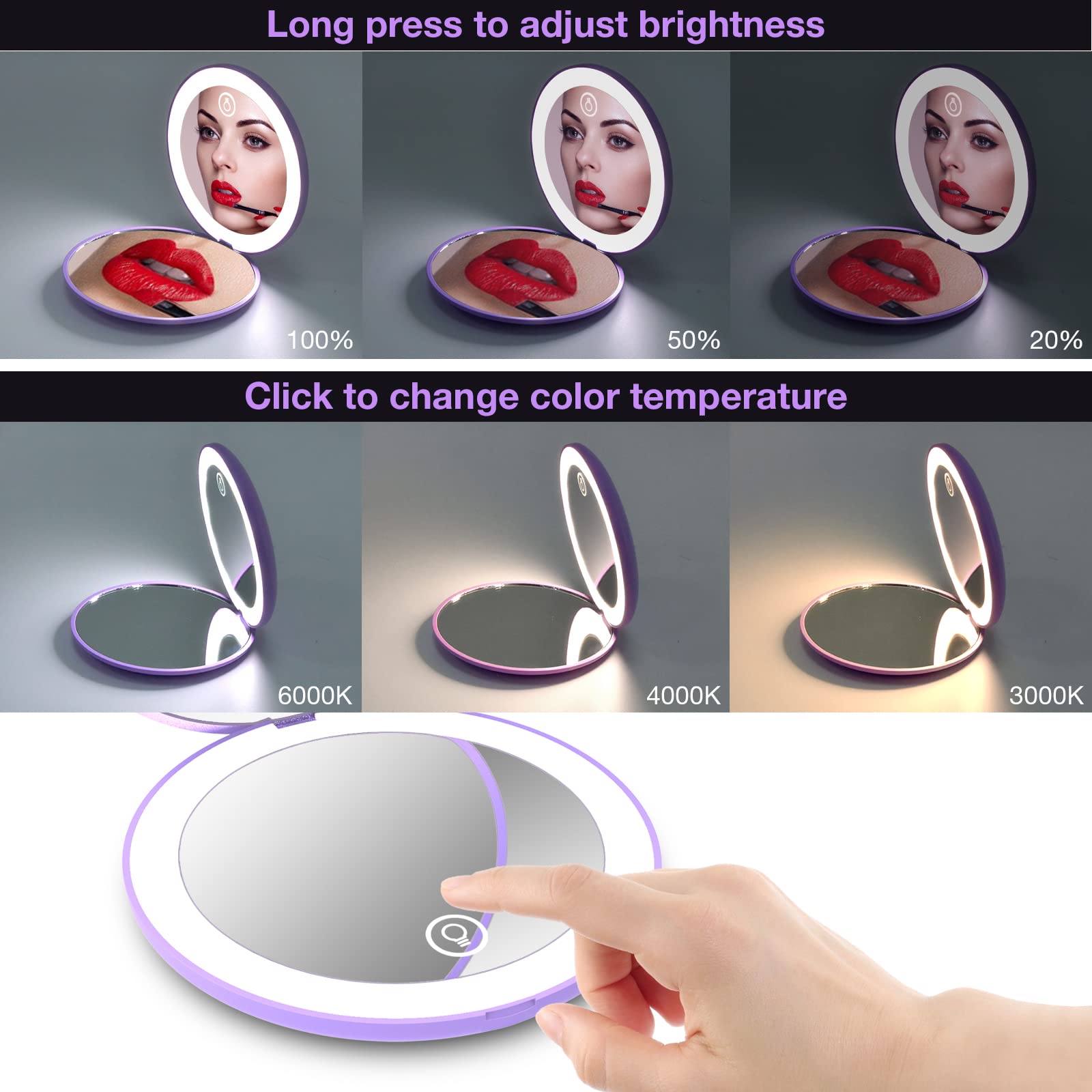 Wobsion Rechargeable Led Travel Mirror, 1X/10X Magnification Compact Mirror With Light, Dimmable Led Travel Makeup Mirror,3 Colo