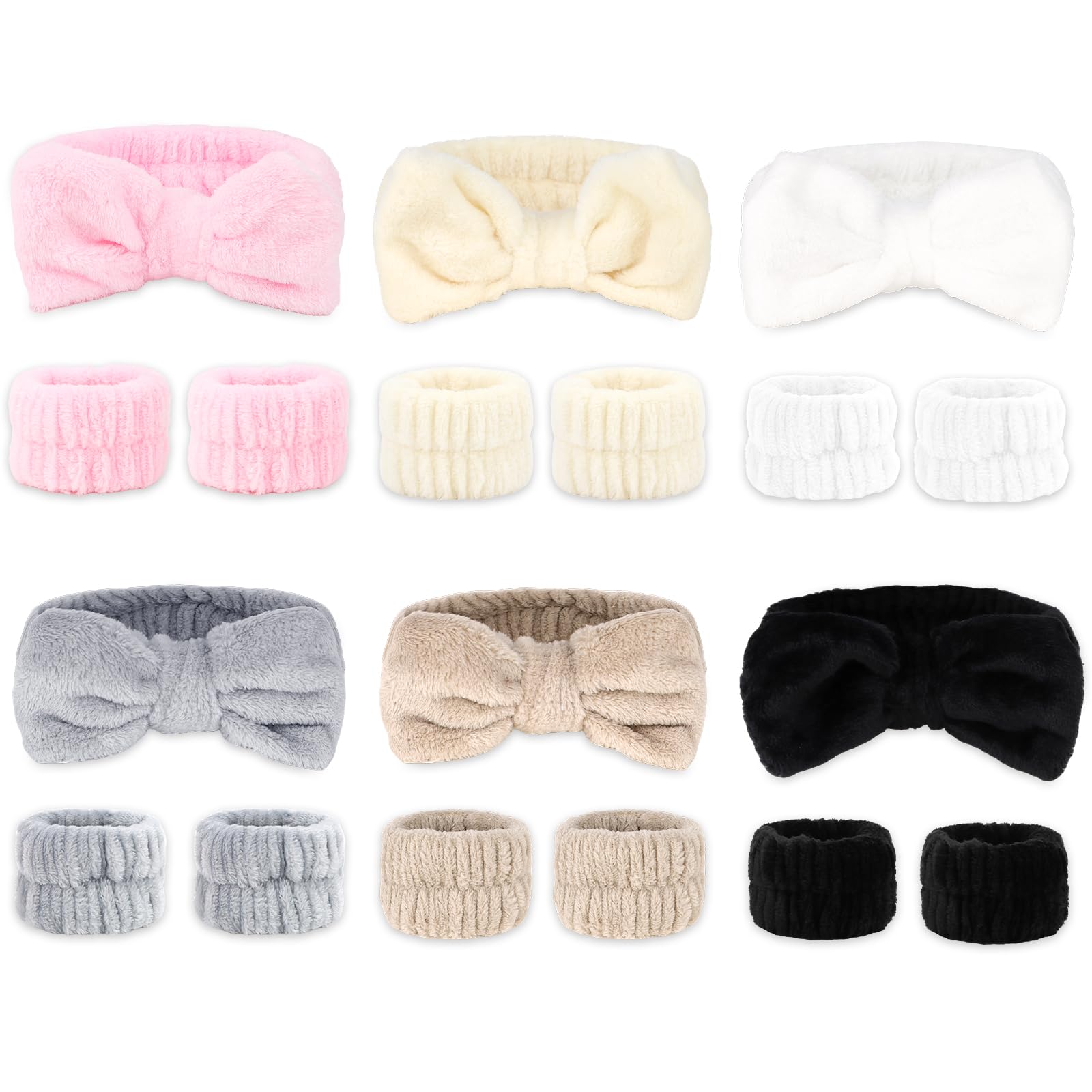 Wecoe 6 Pack Spa Headbands and Wristbands Set for Washing Face Makeup Skincare Cute Soft Bow Hairbands Wrist Towels Sleepover Pa