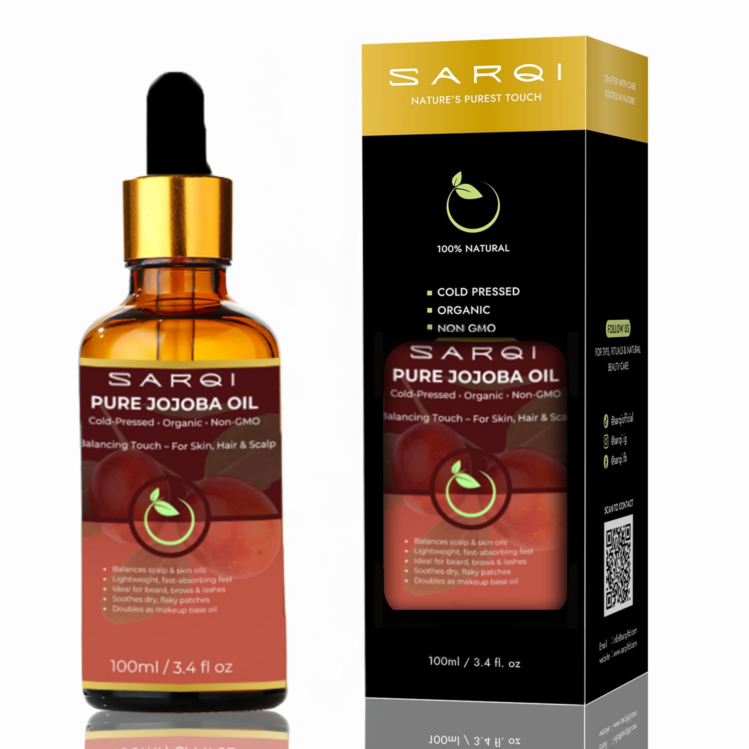 SARQI 100% Pure Jojoba Oil  ColdPressed, Unrefined Carrier Oil for Face, Hair, Skin, Beard & Nails  Lightweight, FastAbsorbi