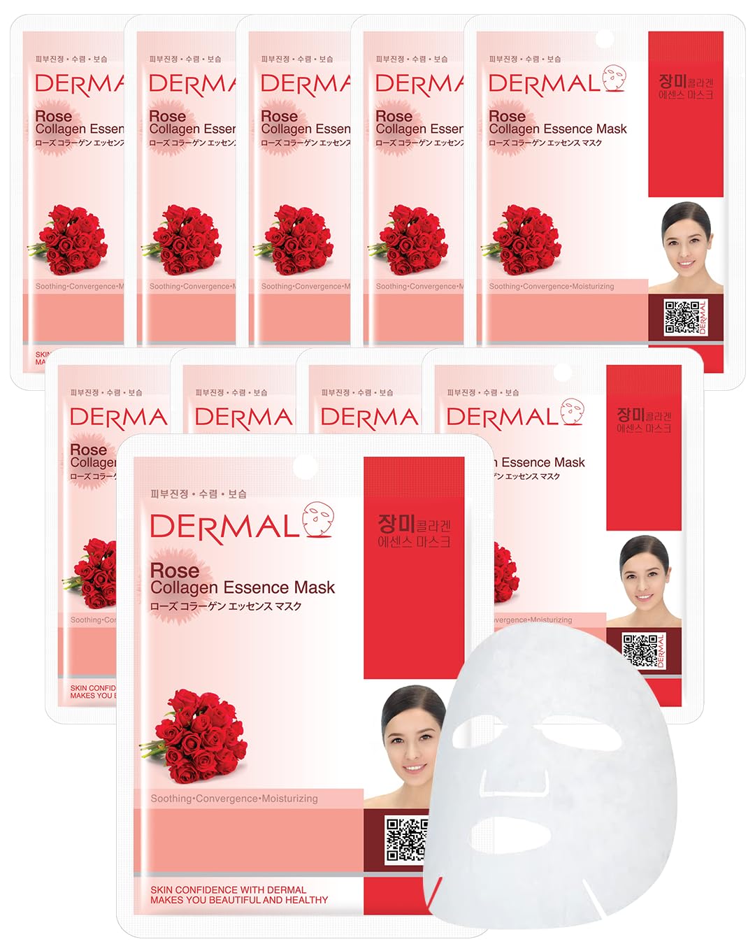 Dermal Rose Collagen Essence Korean Facial Mask Sheet Pack Of 10 - Reviving Tired Skin, Soothing & Hydrating - Hypoallergenic Sk