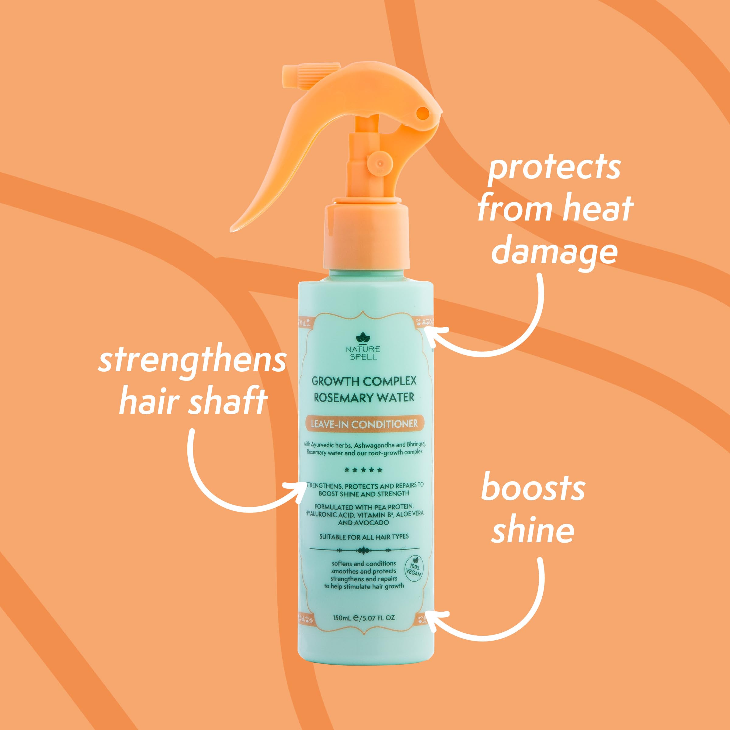 Nature Spell Rosemary Water Leave in Conditioner, Promotes Hair Growth, Heat Protection Spray, Detangling, Smoothes & Adds Shine