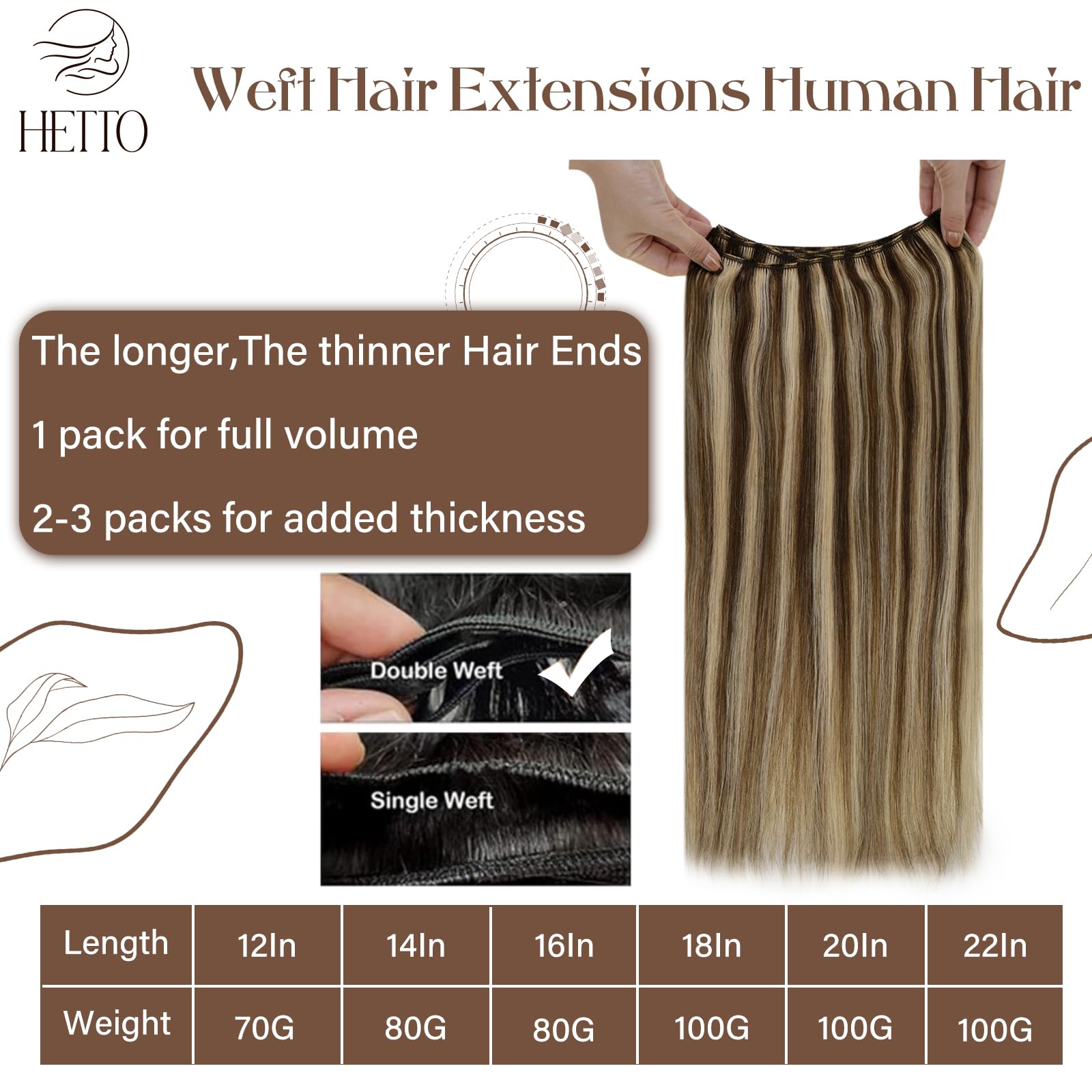 Hetto Sew in Hair Extensions Real Human Hair Brown Highlights Caramel Blonde Weft Hair Extensions Human Hair Highlight Brown Sew