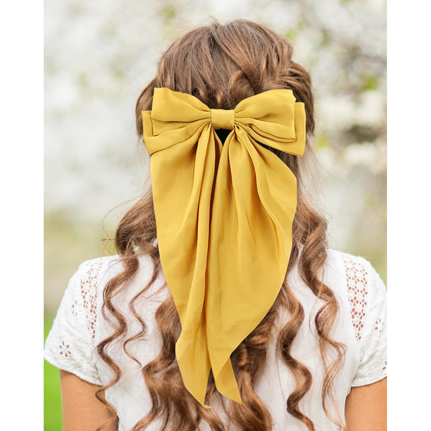 Lawie 6 Pack Satin Large Hair Bows Big Oversized Giant Bow Hair Clips French Barrettes with Long Silky Ribbon Bowknot Bun Ponyta
