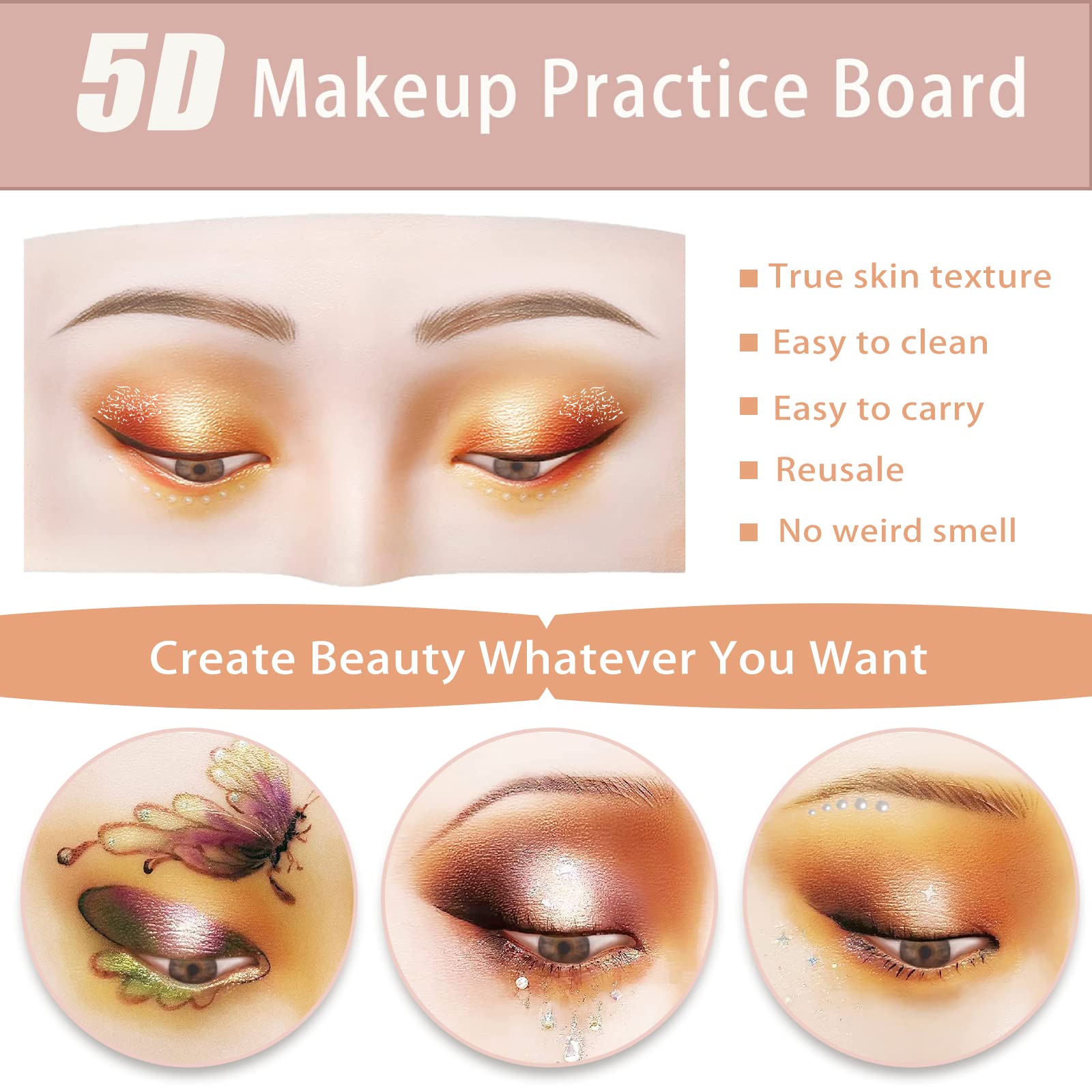 Banugo Silicone Makeup Practice Face Board with Brushes & 165 Pearl Stickers, White