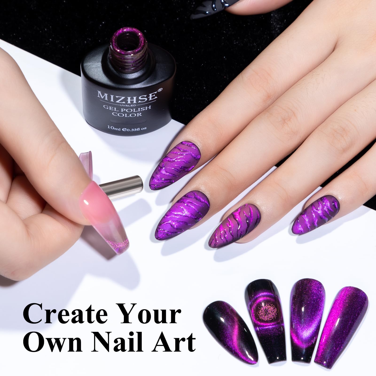 Mizhse 9D Cat Eye Gel Nail Polish, Rose Red Magnetic Gel Polish With Magnet Stick, Magic Shimmer Galaxy Effect Holographic Glitt