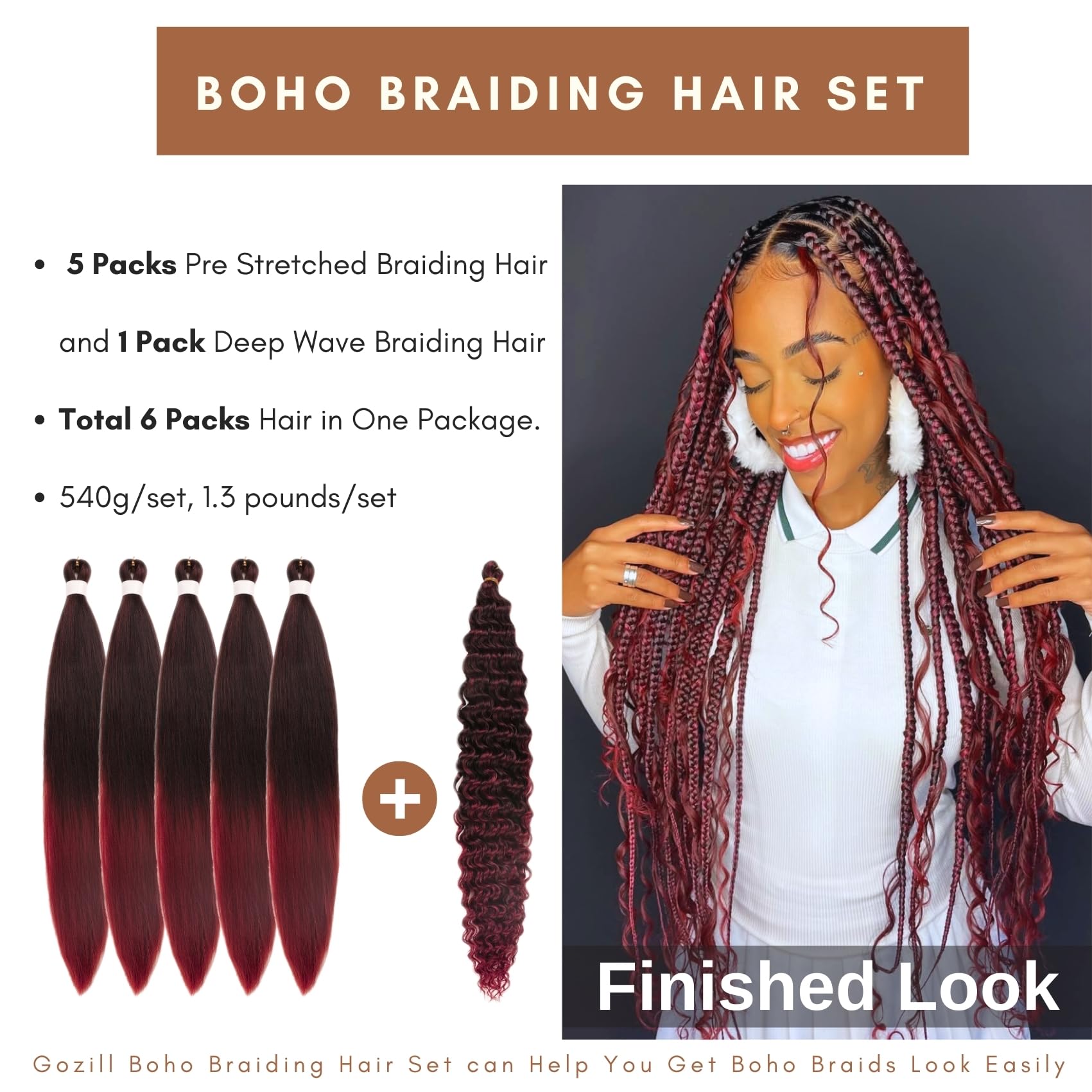 Black to Burgundy Boho Braiding Hair Synthetic 1B/900# Deep Wave Boho Braids Hair for Braiding Bohemian Knotless Braiding Hair P