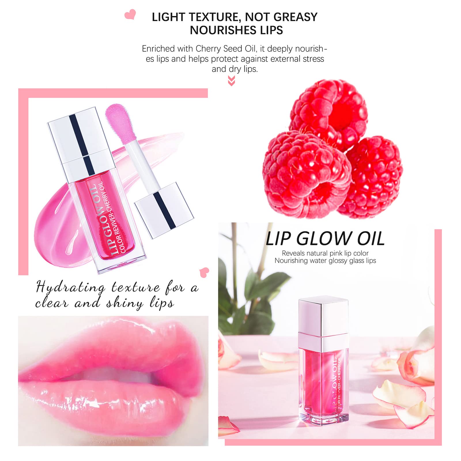 2 In 1 Lip Oil & Tinted Balm, Hydrating Plump Gloss, Repairs Lip Lines & Lightens, Non-Sticky (Raspberry / Cherry)
