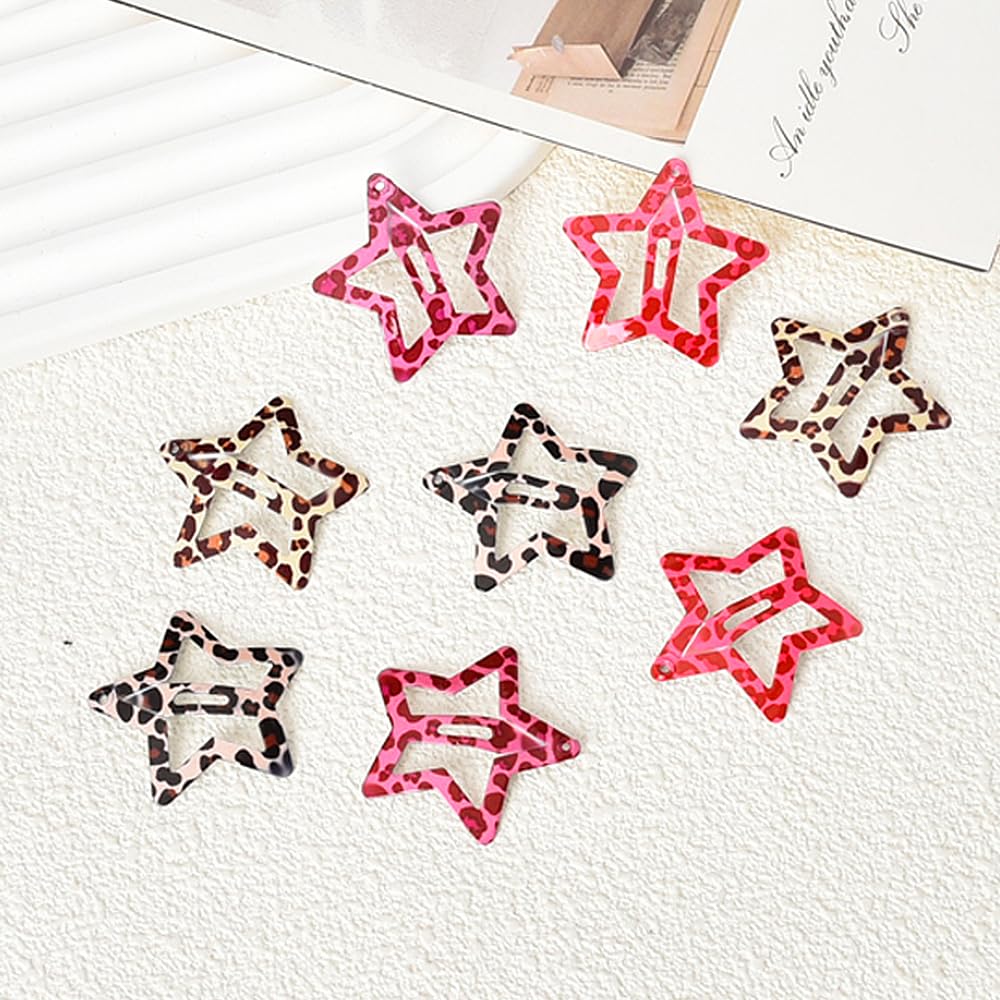 Star Snap Clips For Hair Y2K Pink Leopard Print Hair Clips Set Of 8 Metal Brown Cheetah Leopard Hair Barrettes Hairpins Headpiec