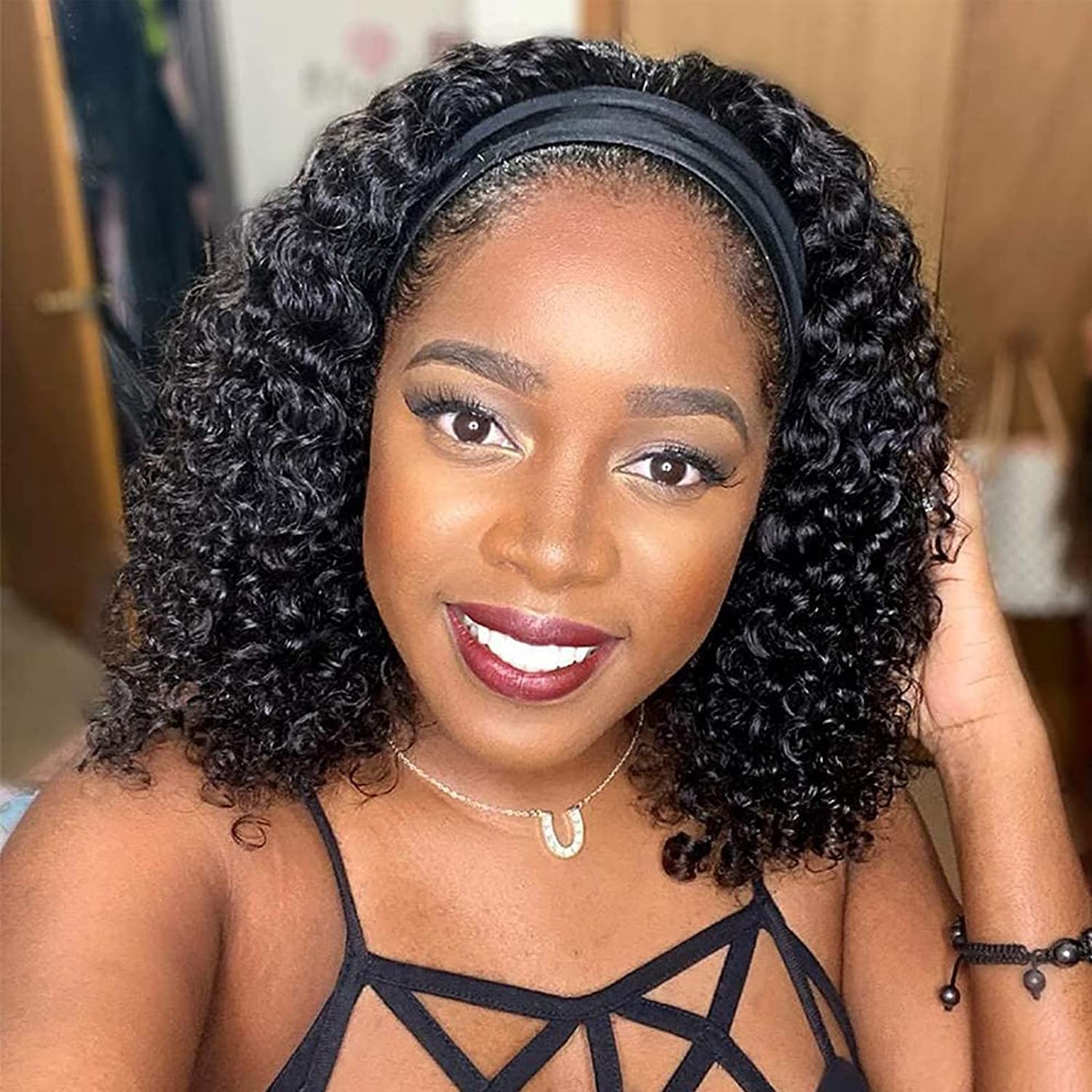 NICMISS Deep Wave Headband Wig Human Hair 12 Inch Curly Headband Wigs for Black Women Human Hair Glueless None Lace Front Wig Br
