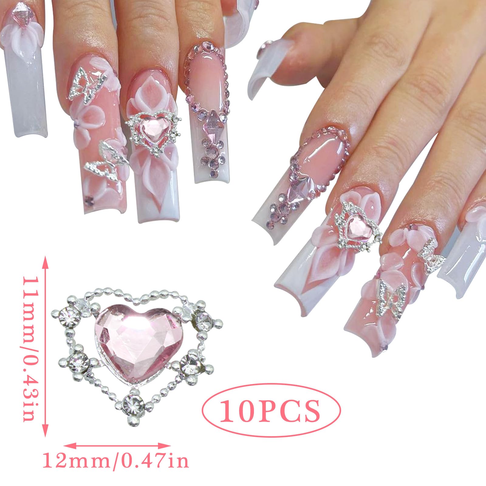 Rodaky 10Pcs Heart Nail Charms 3D Pink Heart Nail Art Jewelry With Rhinestones Shiny Nail Gems Cute Nail Decoration For Manicure