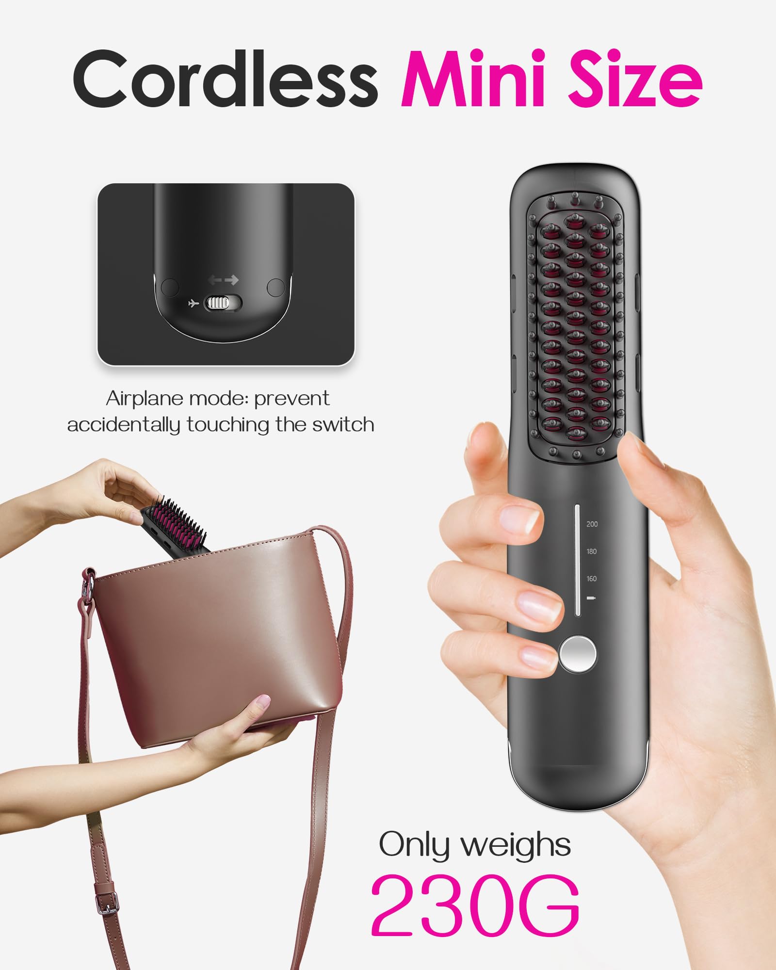 Porta Cordless Hair Straightener Brush, NOVUS Portable Straightening Brush for Travel, Mini Ionic Hot Comb Straightener for Wome