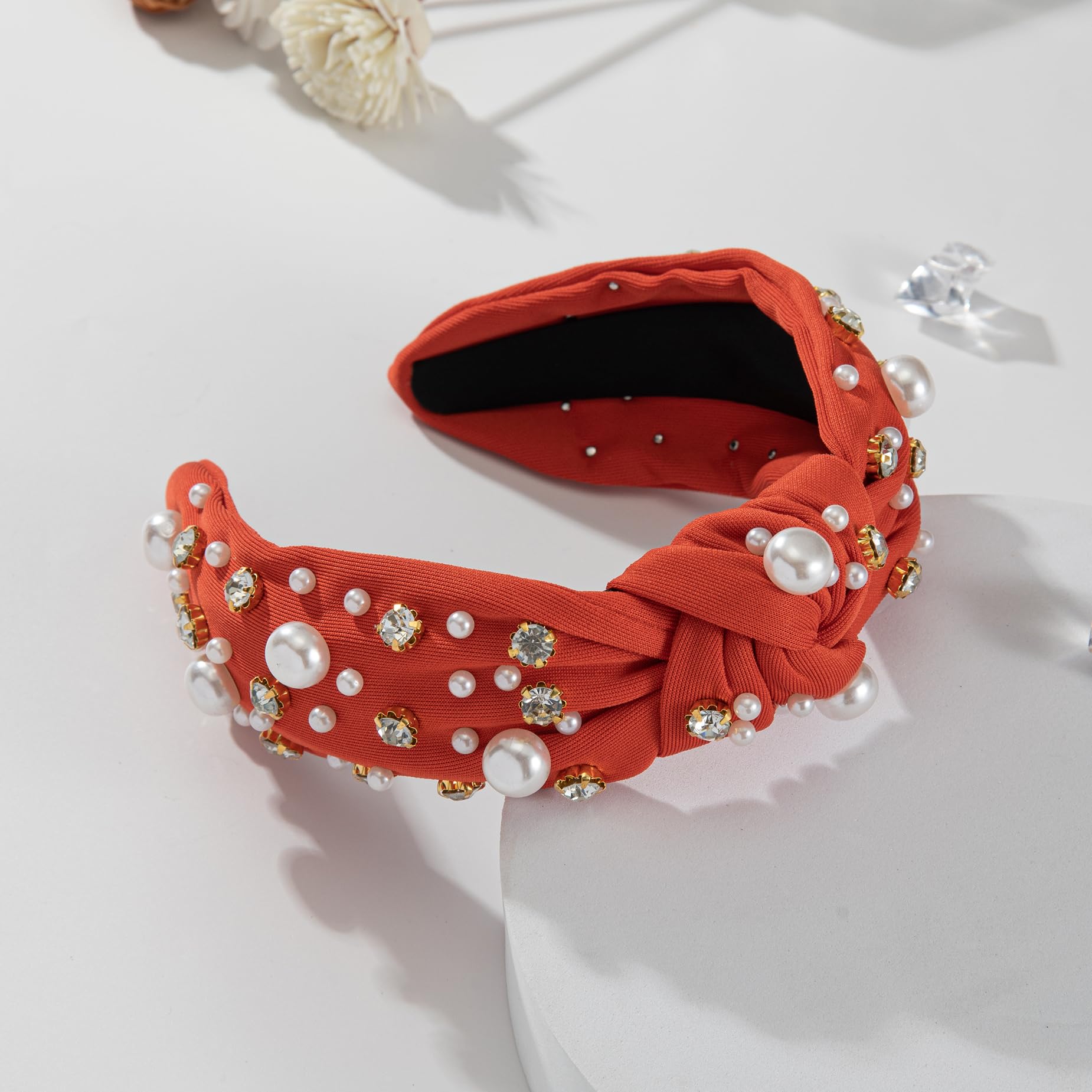 Mixcbe Pearl Knotted Jeweled Headband For Women Pearl Rhinestone Crystal Embellished Hairband Fashion Elegant Ladies Wide Top Kn