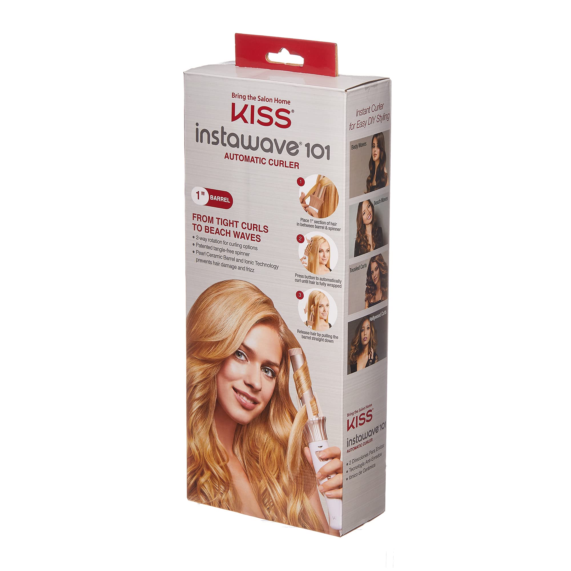 KISS Instawave 101 Automatic Rotating Curling Iron, 1 Inch Pearl Ceramic Tourmaline Barrel Heats Up to 400, 2 Directional Spinne