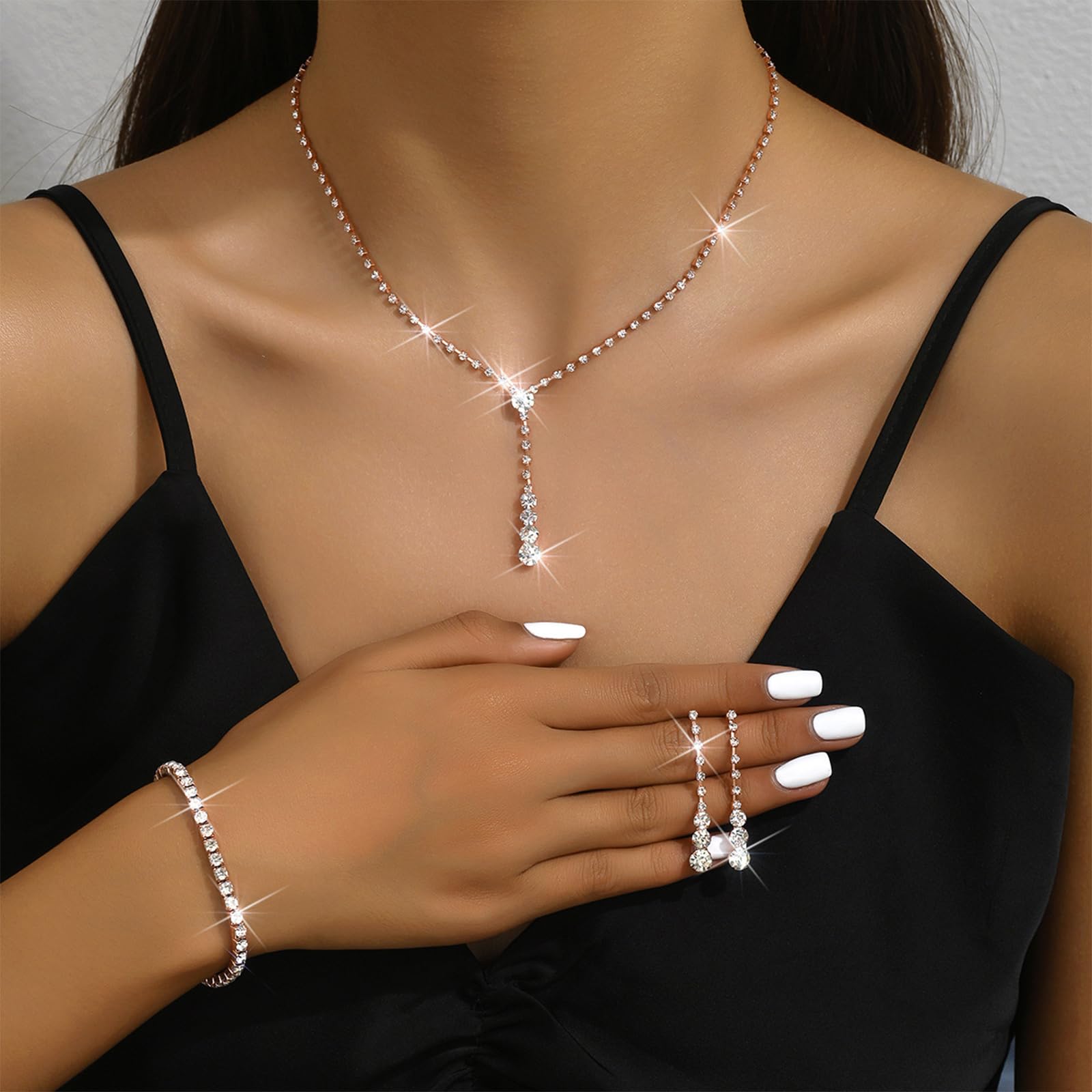 HUASAI Rose Gold Wedding Jewelry Sets for Brides Rhinestone Necklace Earrings Bracelet Set Bridal Costume Jewelry for Women Form