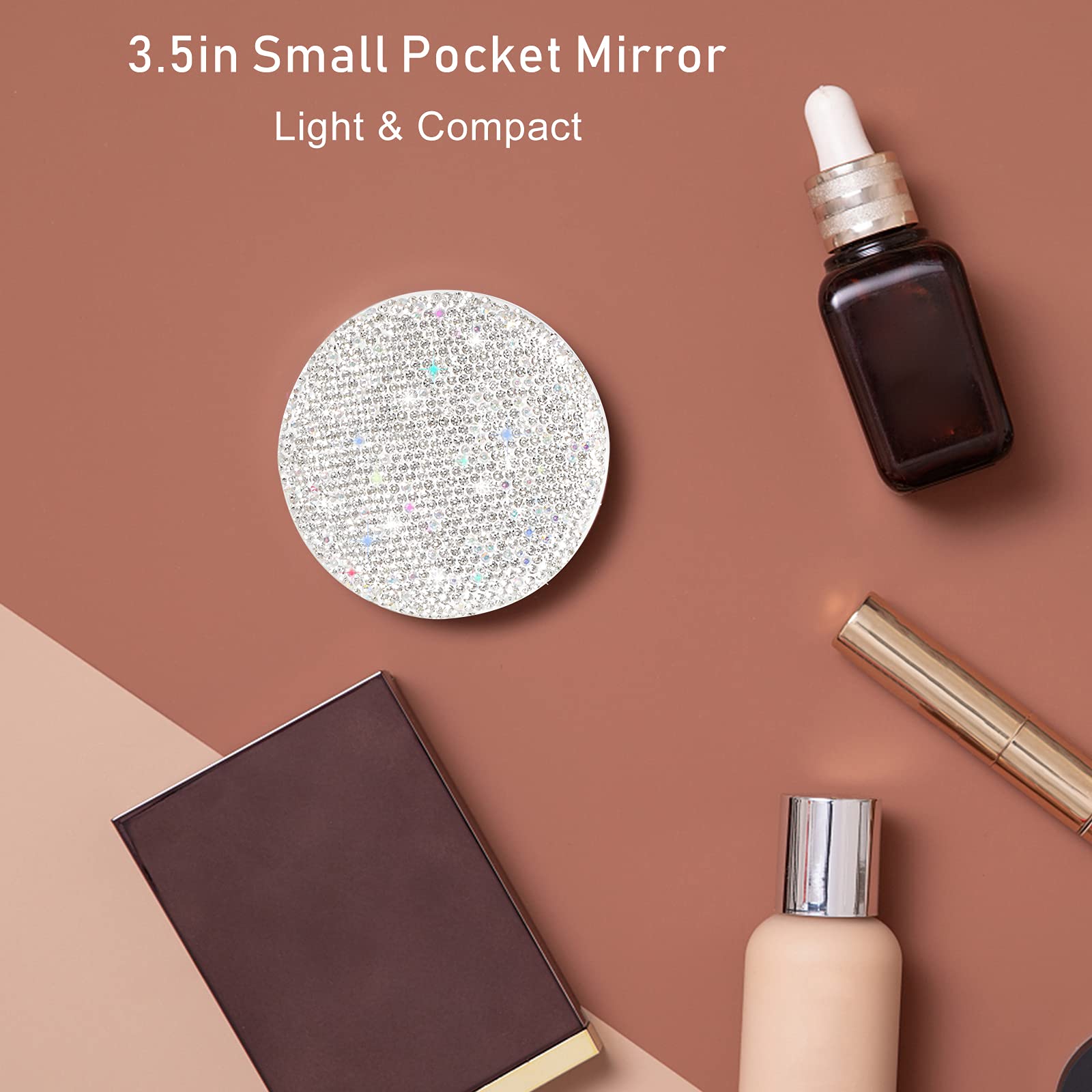 Qearfun Luxurious Rhinestone Led Lighted Compact Mirror,Bling Portable Travel Makeup Mirrors,3.5 Inch Rechargeable Mini Magnifyi