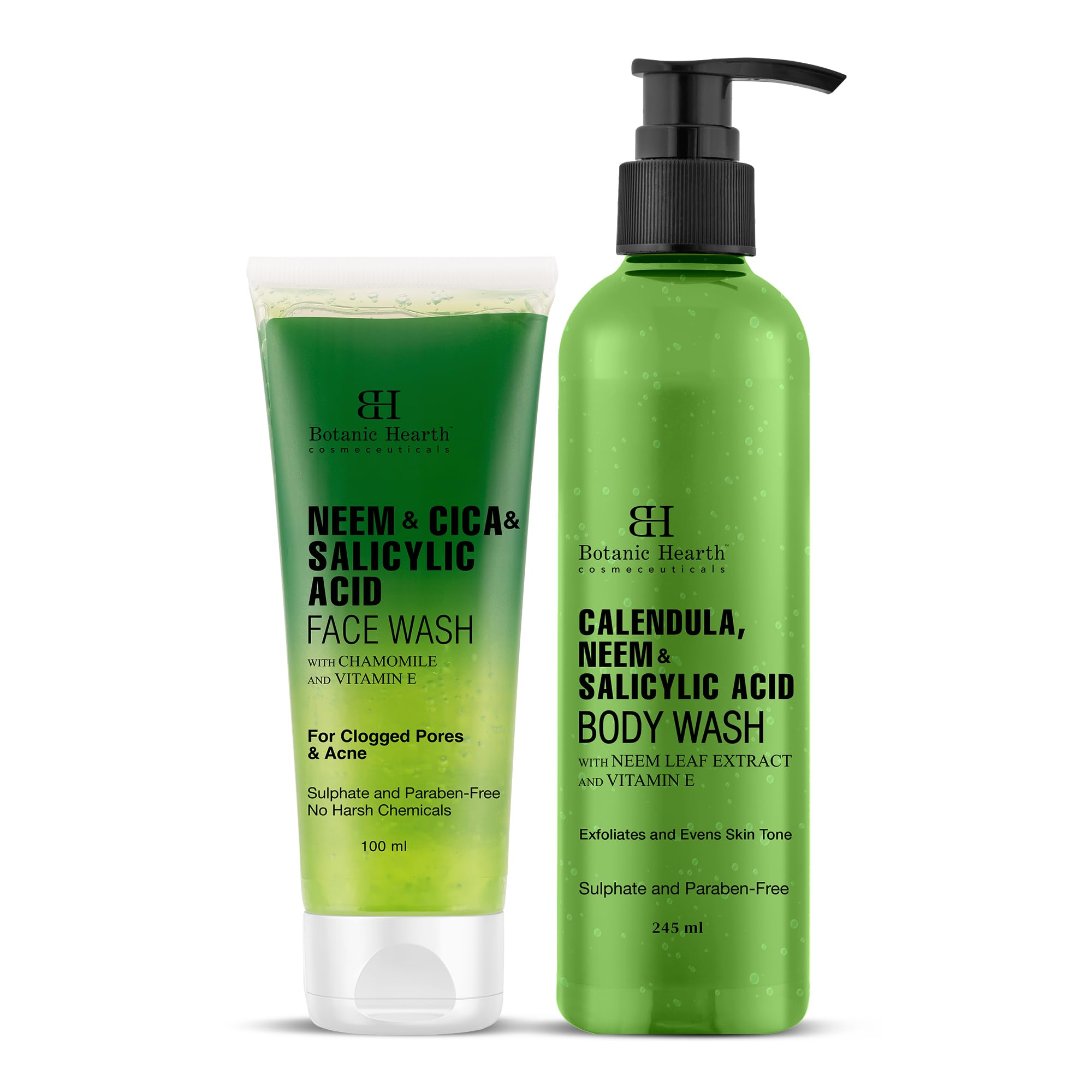 Botanic Hearth Neem, Cica & Salicylic Acid Cleanser Face Wash 100Ml With Calendula, Neem & Salicylic Acid Body Wash 245Ml Combo 