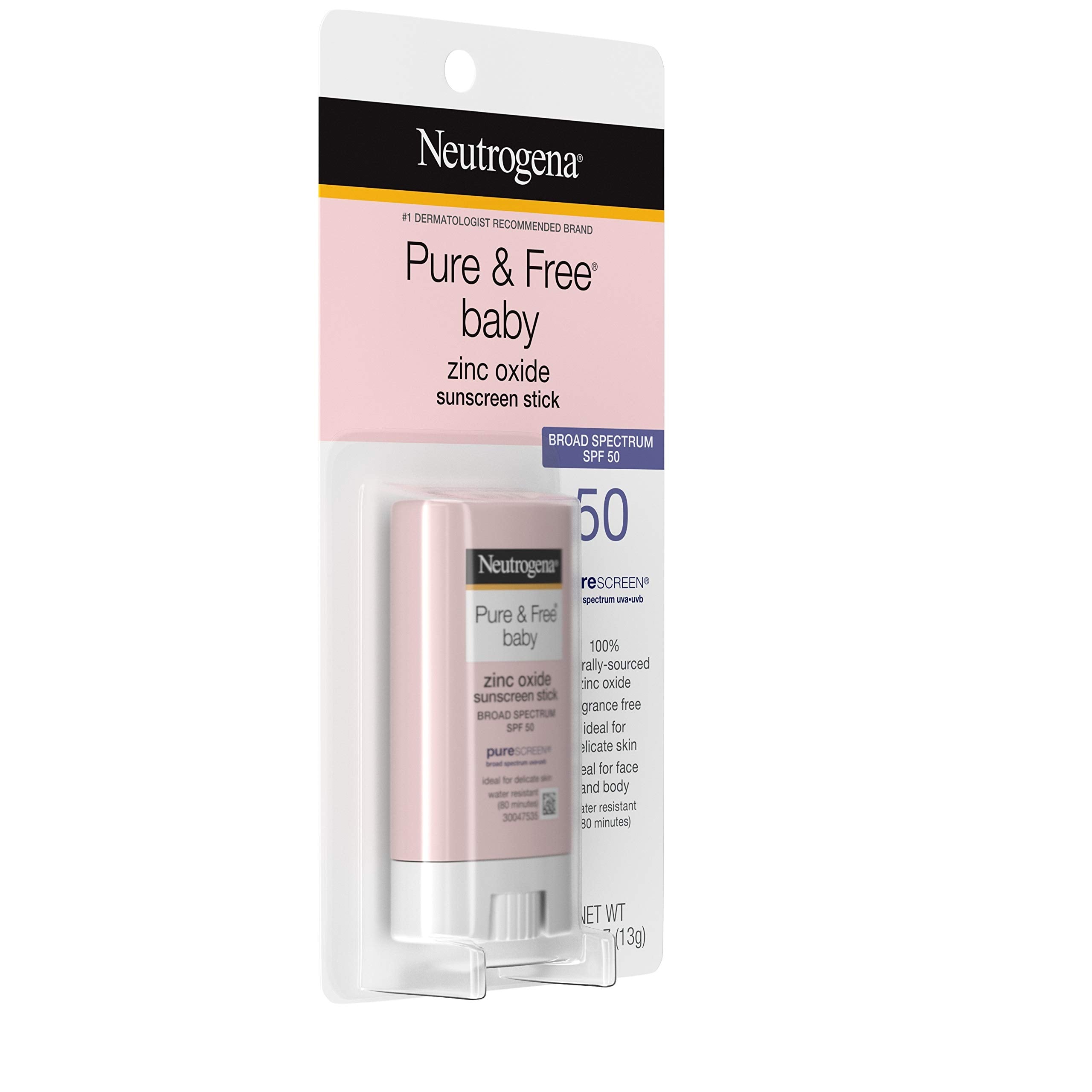 Neutrogena Pure & Free Baby Mineral Sunscreen Stick With Broad Spectrum Spf 50 & Zinc Oxide, Water-Resistant, Hypoallergenic, Pa