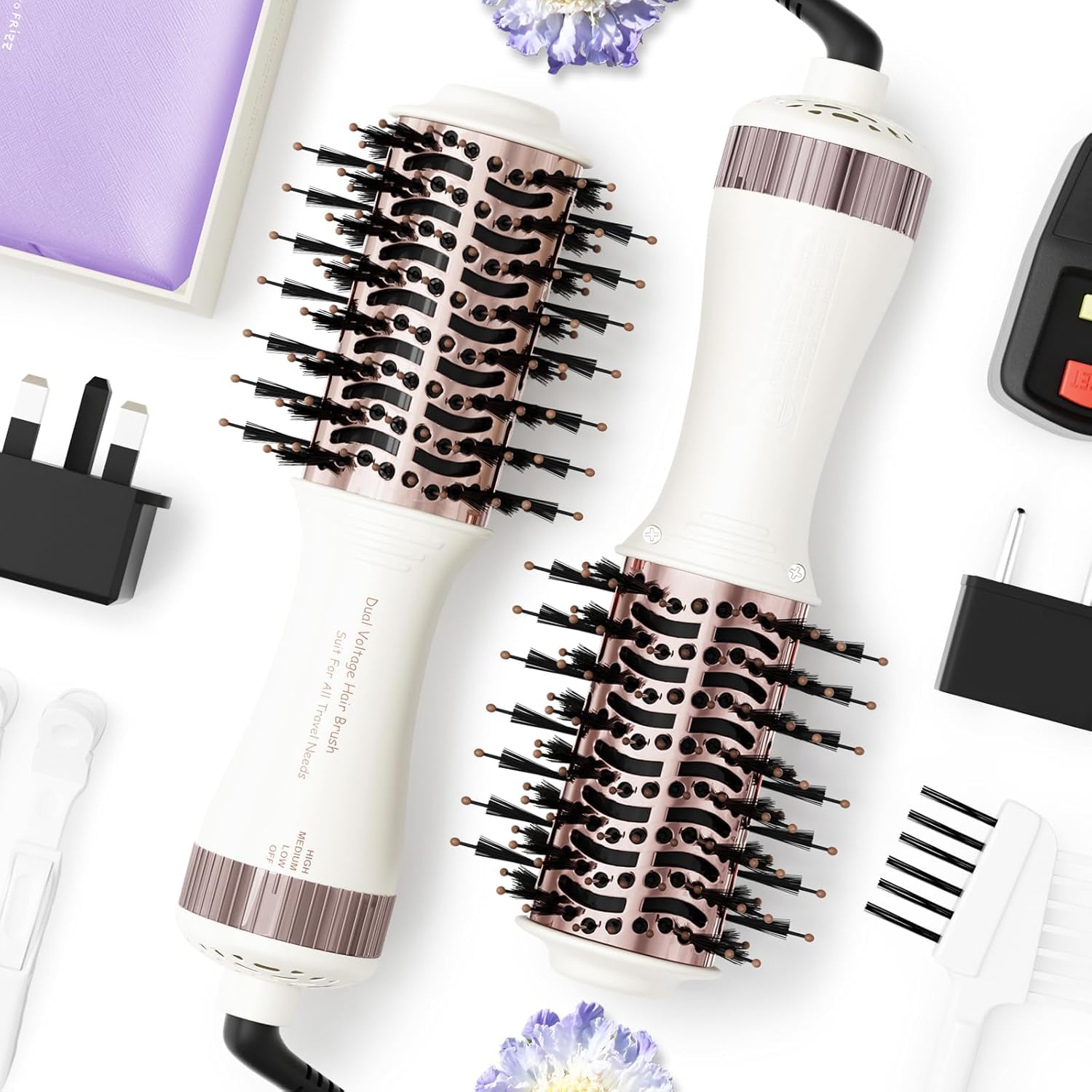 Travel Dual Voltage Hair Dryer Brush 4-IN-1 Portable Mini Hot Air Blow Dryer Straightener & Curler Brush, Titanium Round Blowout