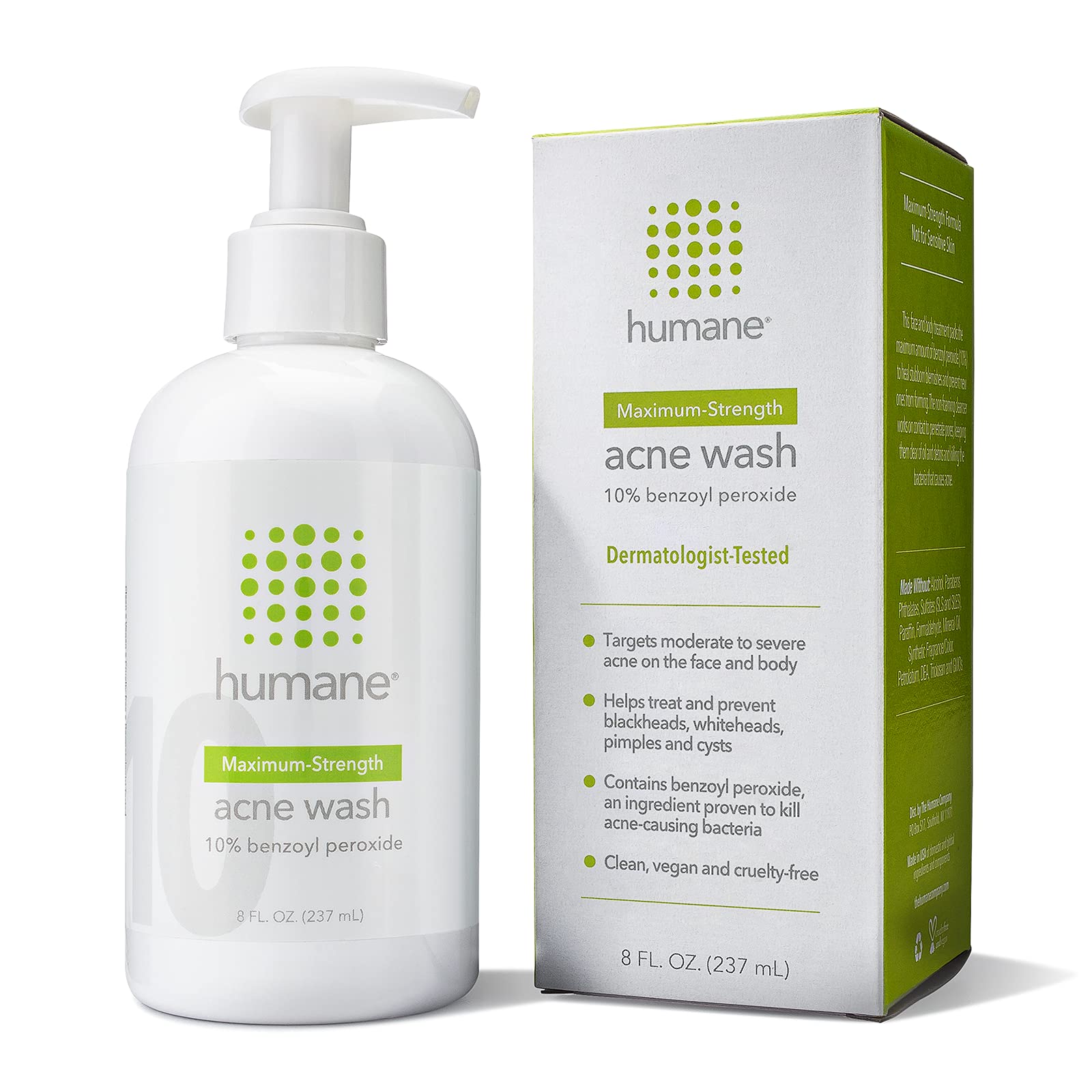 Humane Maximum-Strength Acne Wash - 10% Benzoyl Peroxide Acne Treatment For Face, Skin, Butt, Back And Body - 8 Fl Oz - Dermatol