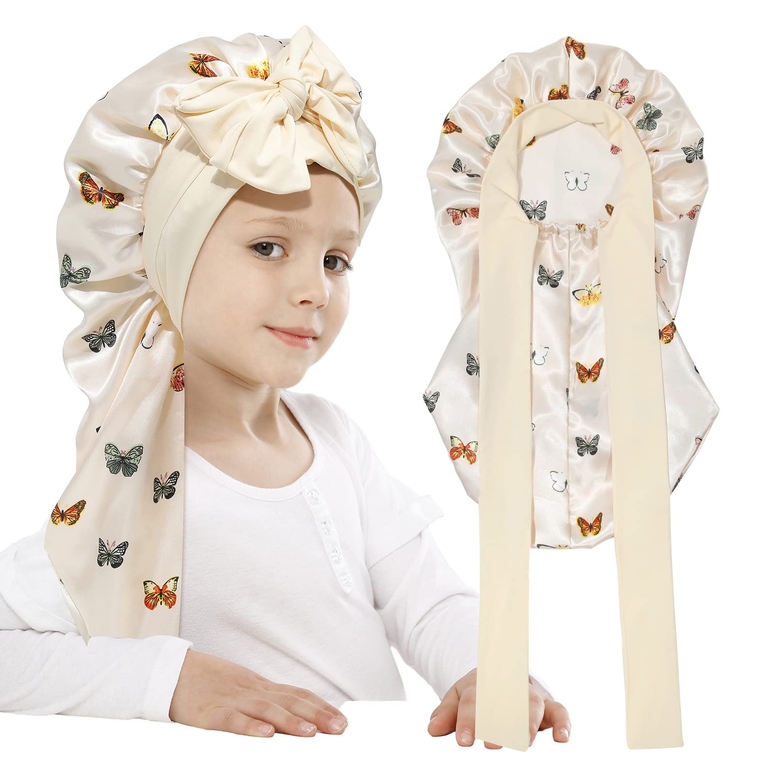AWAYTR Long Toddler Silk Bonnet for Sleeping Elastic Satin Bonnets for Curly Hair Braid Bonnet Night Cap for Aged 3-12 Kids (But