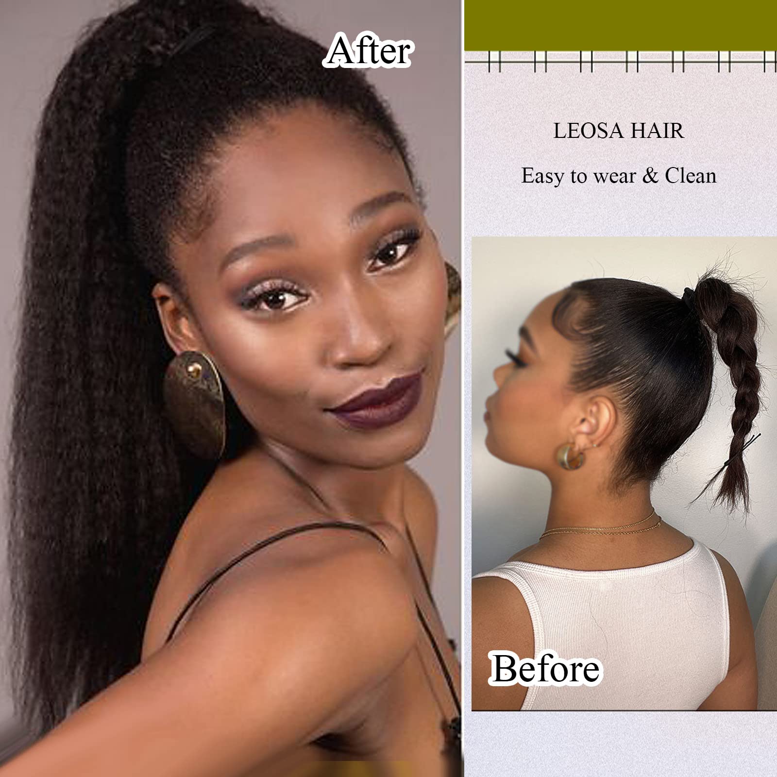Leosa Kinky Ponytail Extension Drawstring Ponytail For Black Women Short Natural Black Yaki Straight Drawstring Ponytail Hair Ex