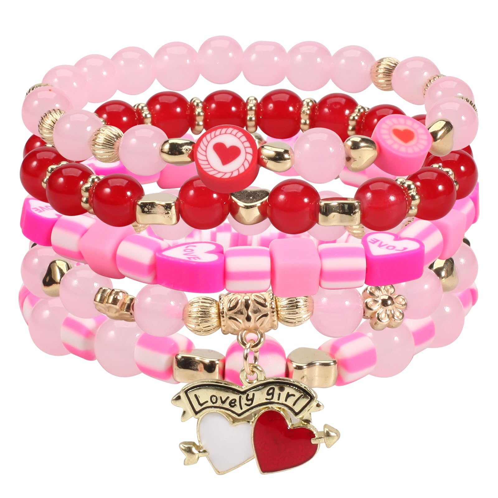 Ardorchid 5 Pack Valentine's Day Heishi Bracelets Cute Pink Red Love Heart Bead Stretch Stackable Bracelet for Women Holiday Bir