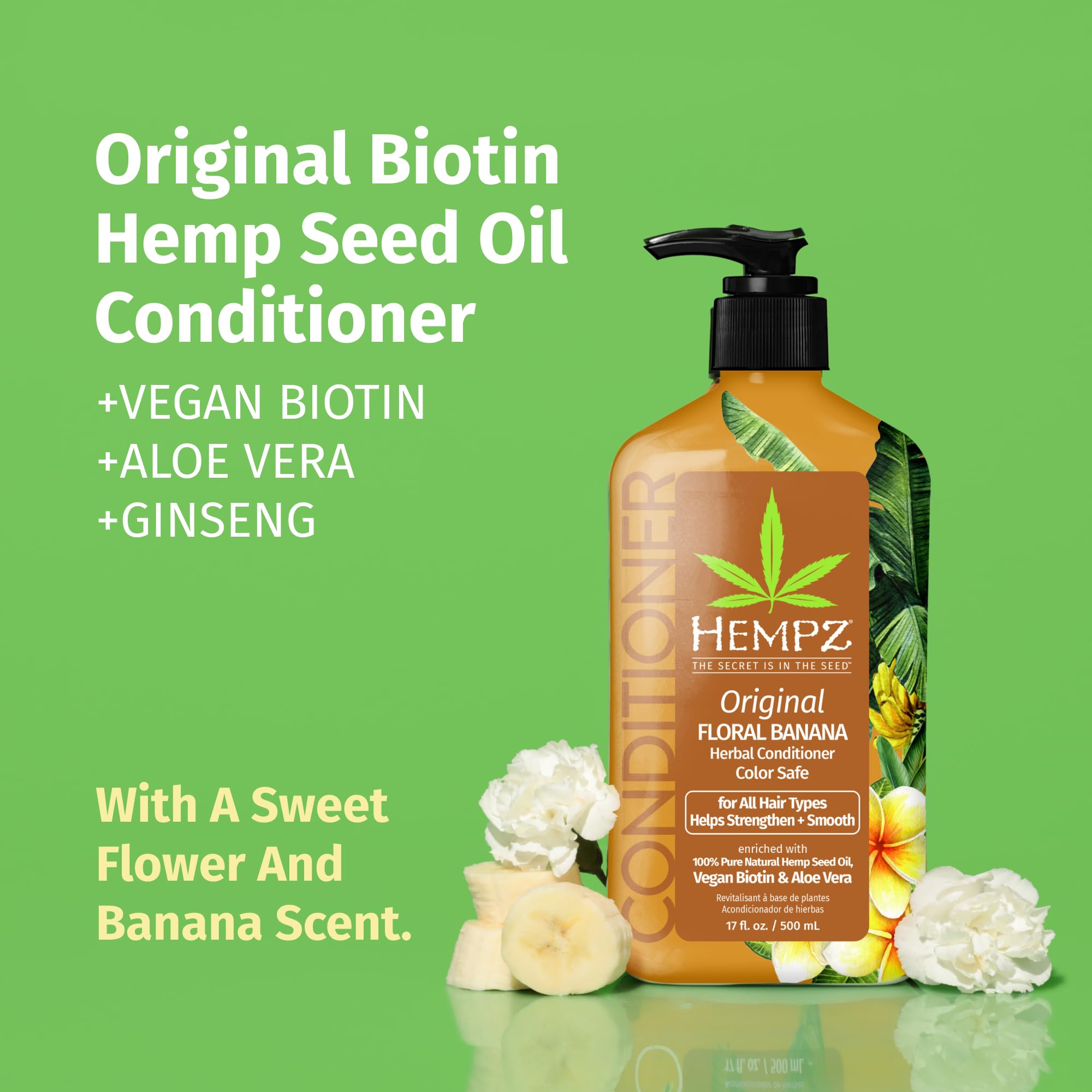Hempz Biotin Conditioner - Original Light Floral & Banana - For Growth & Strengthening of Dry, Damaged and Color Treated Hair, H