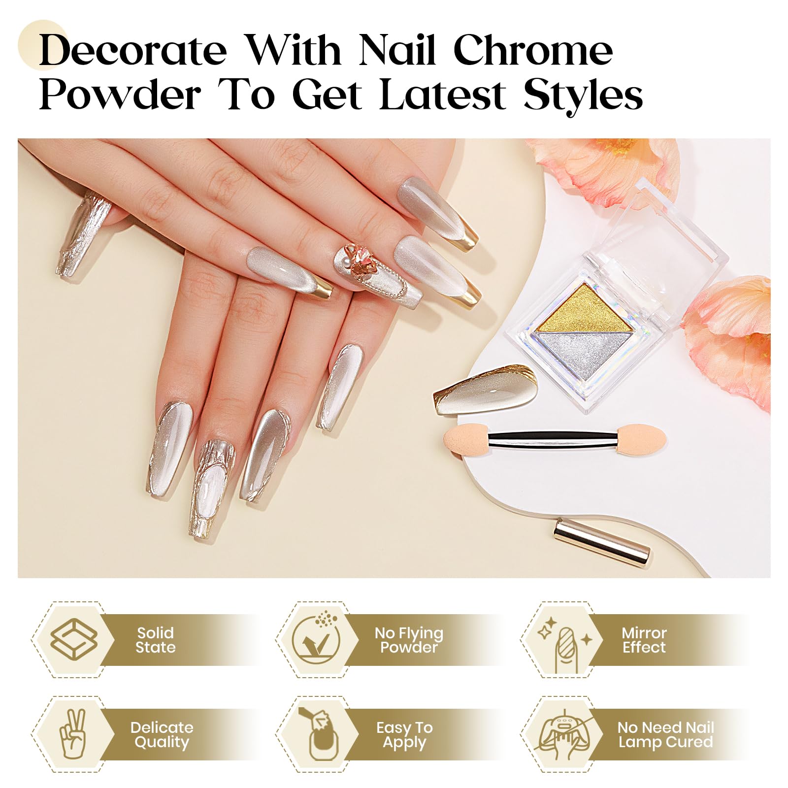 Mizhse Cat Eye Gel Nail Polish: Silver Magnetic Gel Polish With Magnet Stick Metallic Mirror Chrome Powder, Maillard Style Magic