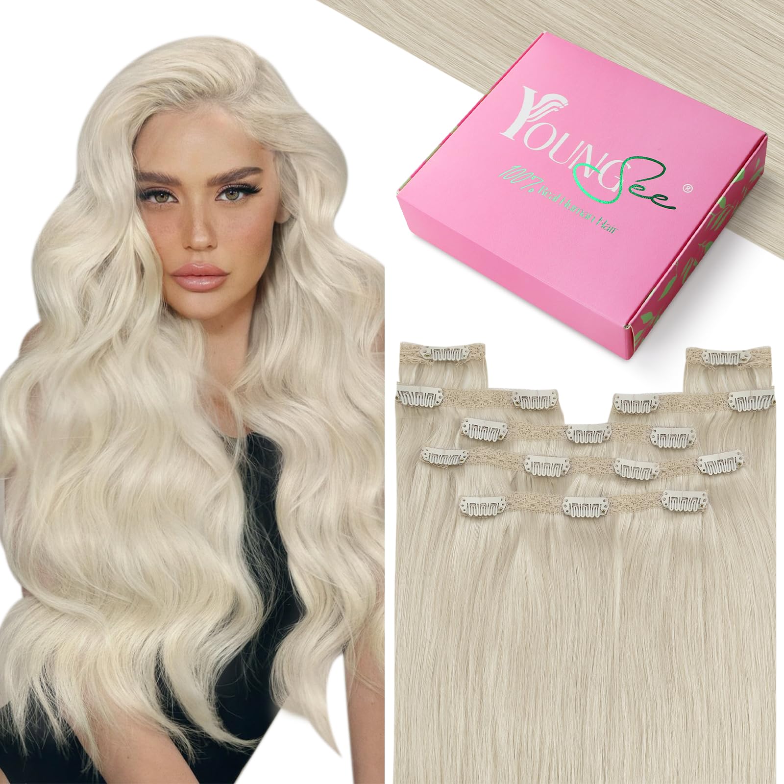 YoungSee Clip on Hair Extensions Blonde Clip in Hair Extensions Human Hair Platinum Blonde Double Weft Lace Real Human Hair Exte