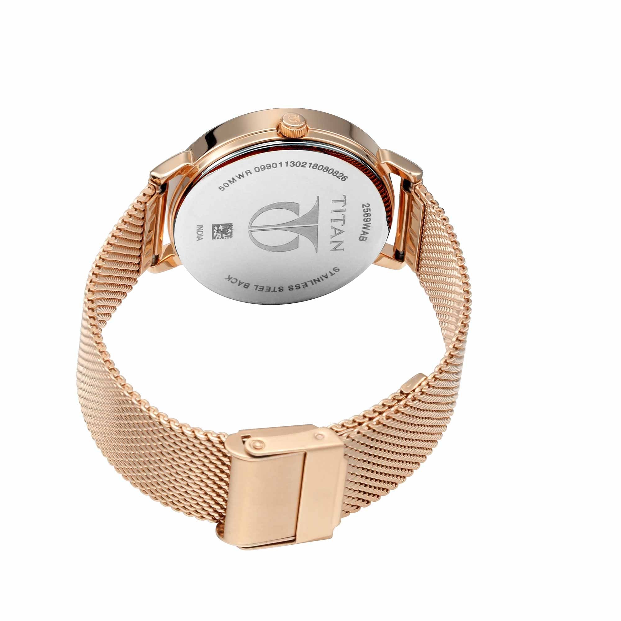 Titan Sparkle Women’S Multi-Functional Dress Watch With Swarovski Crystals | Quartz, Water Resistant, Mesh Band | Gold Band And Gold Dial