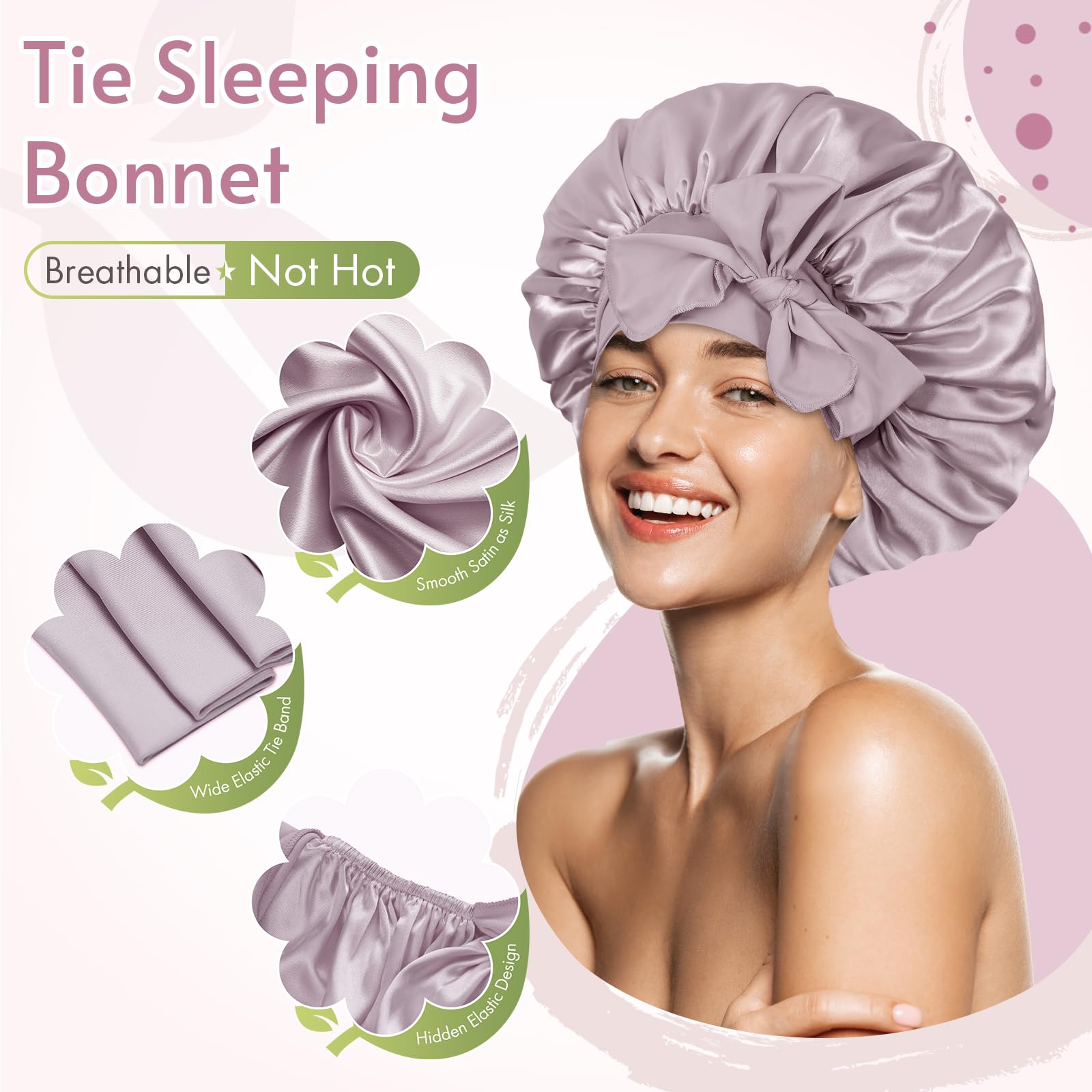 BONNET QUEEN Silk Bonnet for Sleeping Women Satin Bonnet Hair Bonnet Night Sleep Cap for Curly Hair with tie Band Lilac Grey