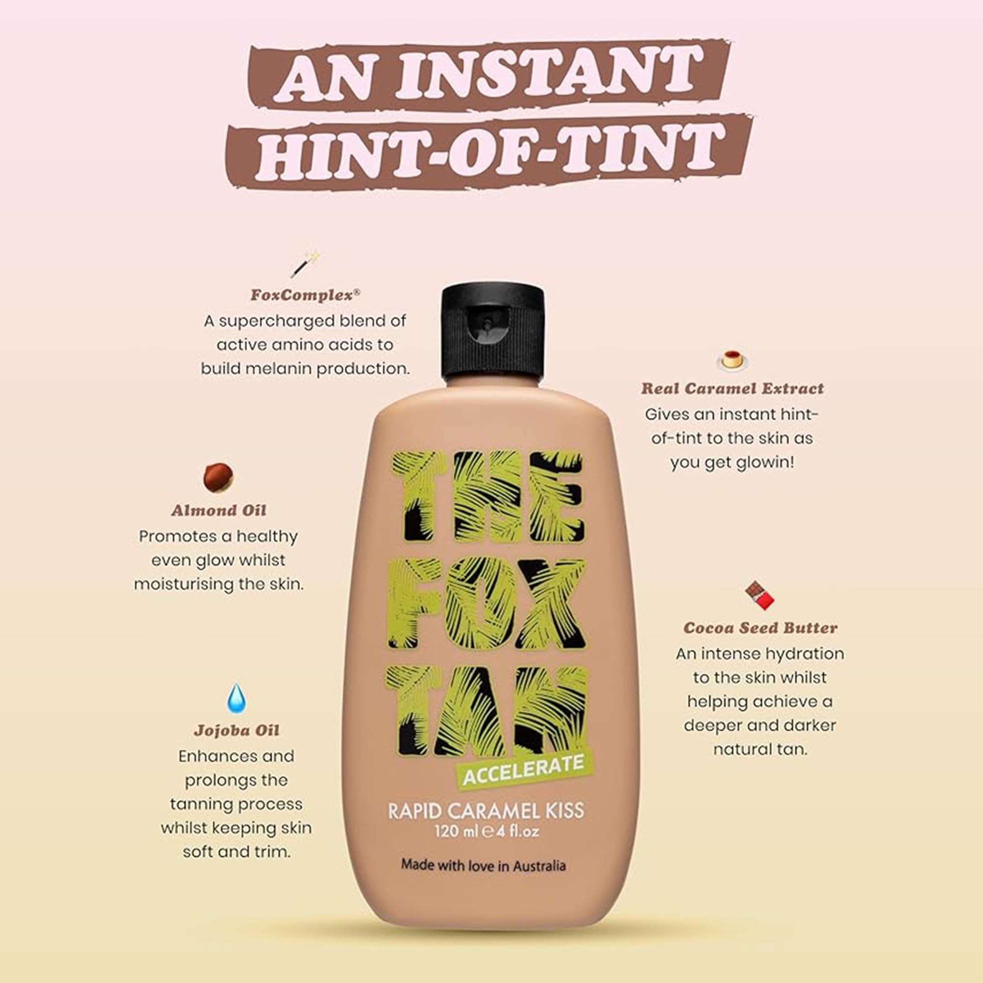 The Fox Tan Rapid Caramel Kiss, Natural Tanning Accelerator For Deeper & Darker Tans, Delivers an Instant Tint & Glow, Vegan & C