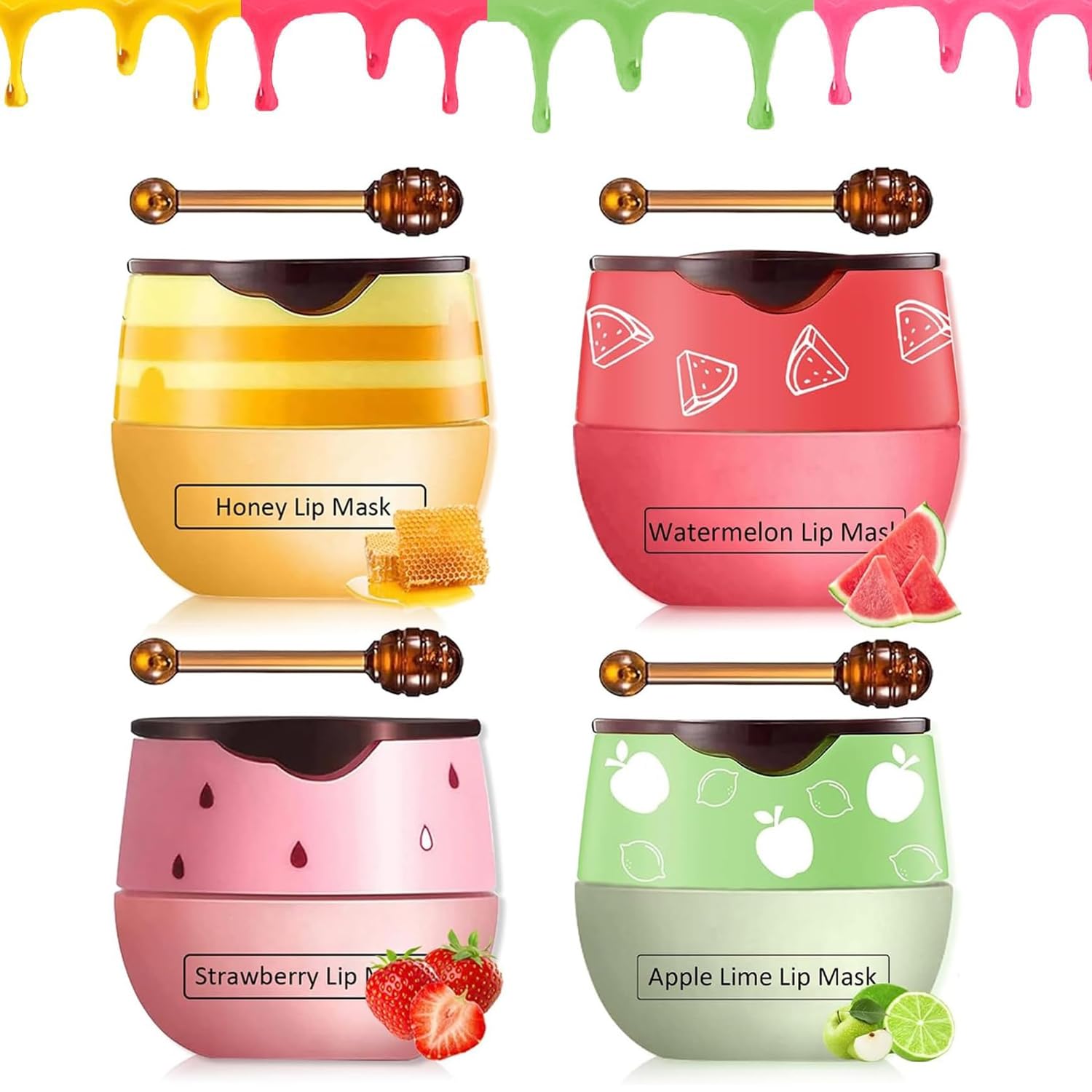 4 Pcs Bee Lip Balm Honey Pot,Strawberry&Watermelon&Honey&Apple Lime Lip Mask Overnight Hydrating Prevention Dry And Cracked Lip