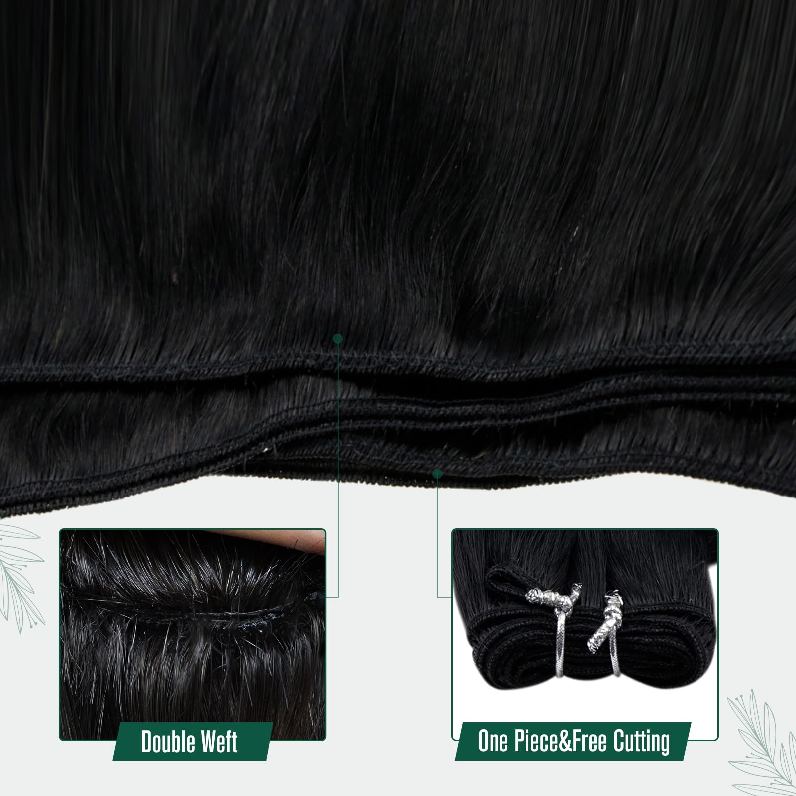 RUNATURE 18 Inch Sew in Weft Hair Extensions Human Hair #1 Jet Black Straight Sew in Human Hair Extensions Long Double Weft Huma