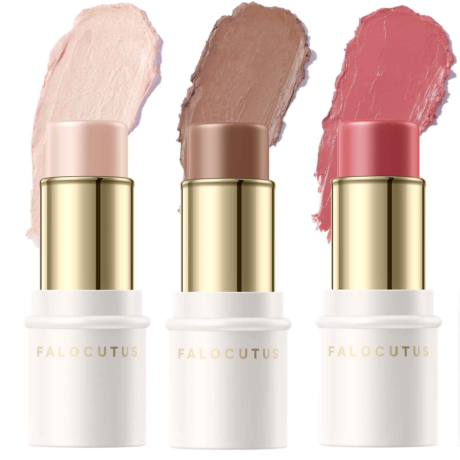 Falocutus 3 Pcs Light-Medium Contour Stick Set,Cream Blush & Highlighter Bronzer Pen,Long Lasting & Smooth Natural Face Contouri