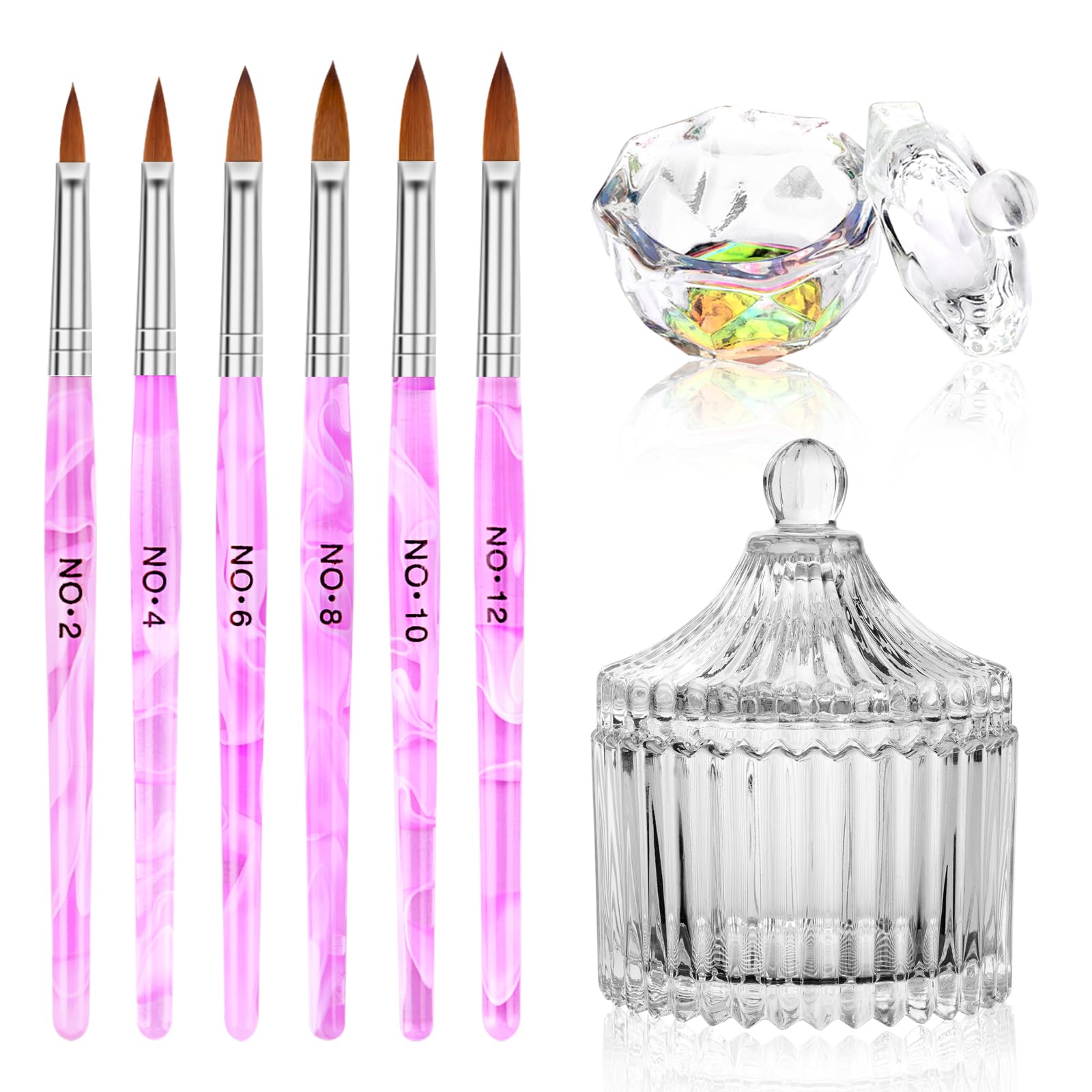 Acrylic Nail Brush Dappen Dish Set - 6Pcs Acrylic Nail Brush and 2Pcs Crystal Dappen Dish with Lid for Acrylic Nails, Monomer Di